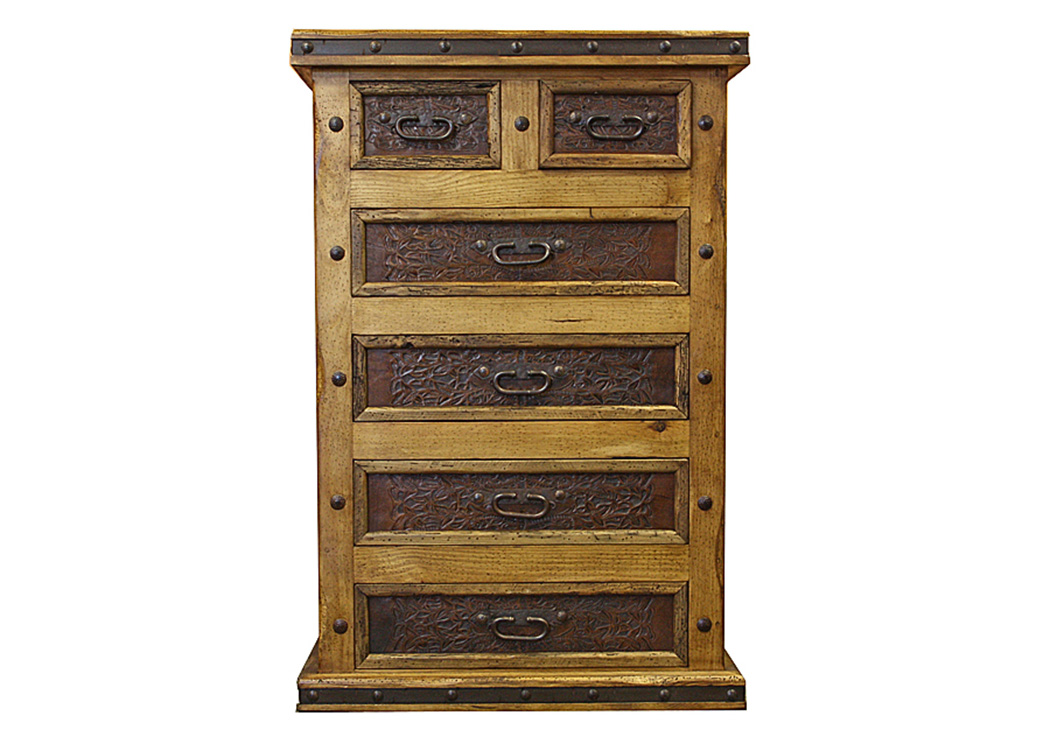 6 Drawer Chest w/Tooled Leahter,L.M.T. Rustic