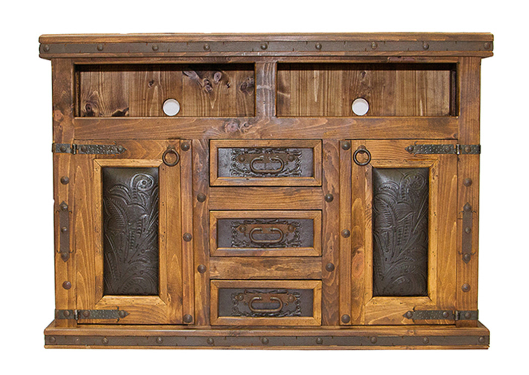 Tooled Leather TV/Dresser w/Doors,L.M.T. Rustic