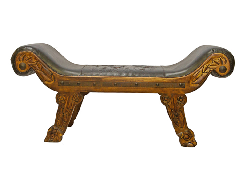 Roman Bench w/Tooled Leather,L.M.T. Rustic