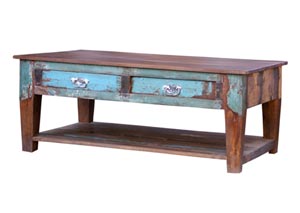 Image for Painted Reclaimed Wood 2 Drawer Under Shelf Coffee Table