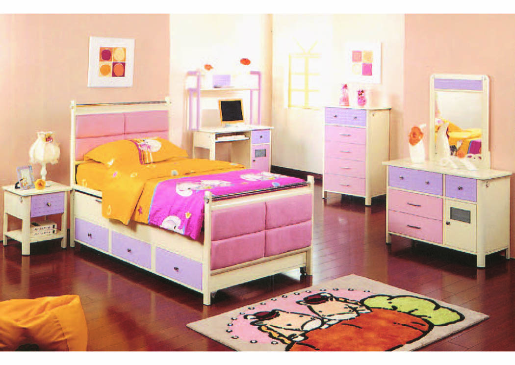 Jill Pink/Purple/Off-White Twin & Trundle Bed w/Drawer,Mainline