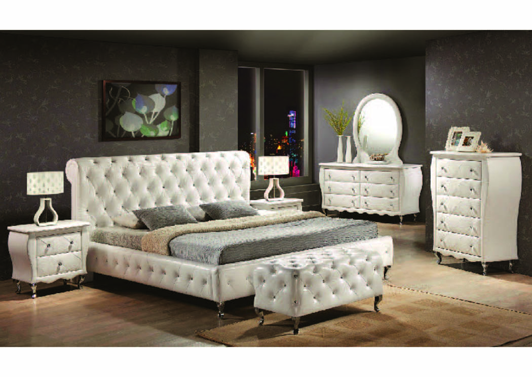 Juliet 4Pc White Leatherette Queen Sleigh Bedroom Set (82400/70/60/50),Mainline