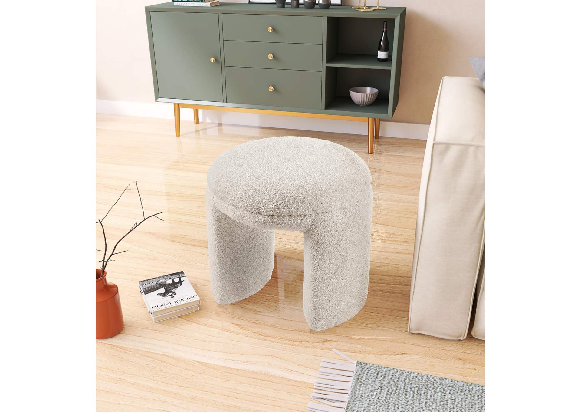 Bowen Beige Faux Shearling Teddy Fabric Ottoman - Stool,Meridian Furniture