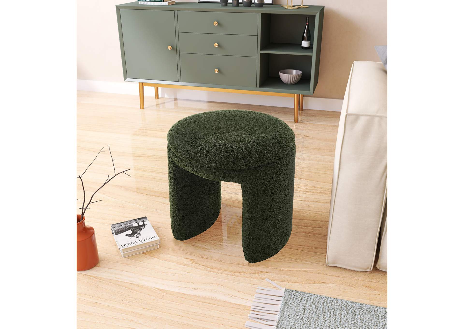 Bowen Green Faux Shearling Teddy Fabric Ottoman - Stool,Meridian Furniture