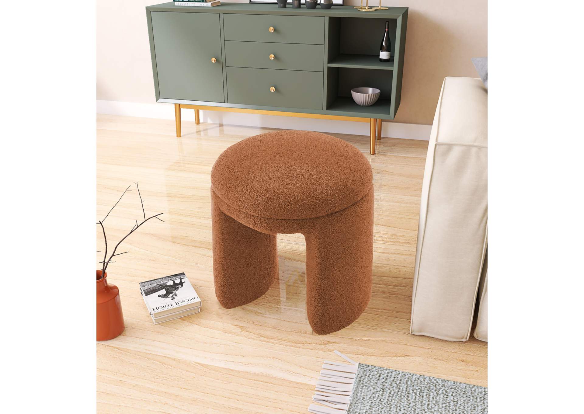 Bowen Saddle Faux Shearling Teddy Fabric Ottoman - Stool,Meridian Furniture