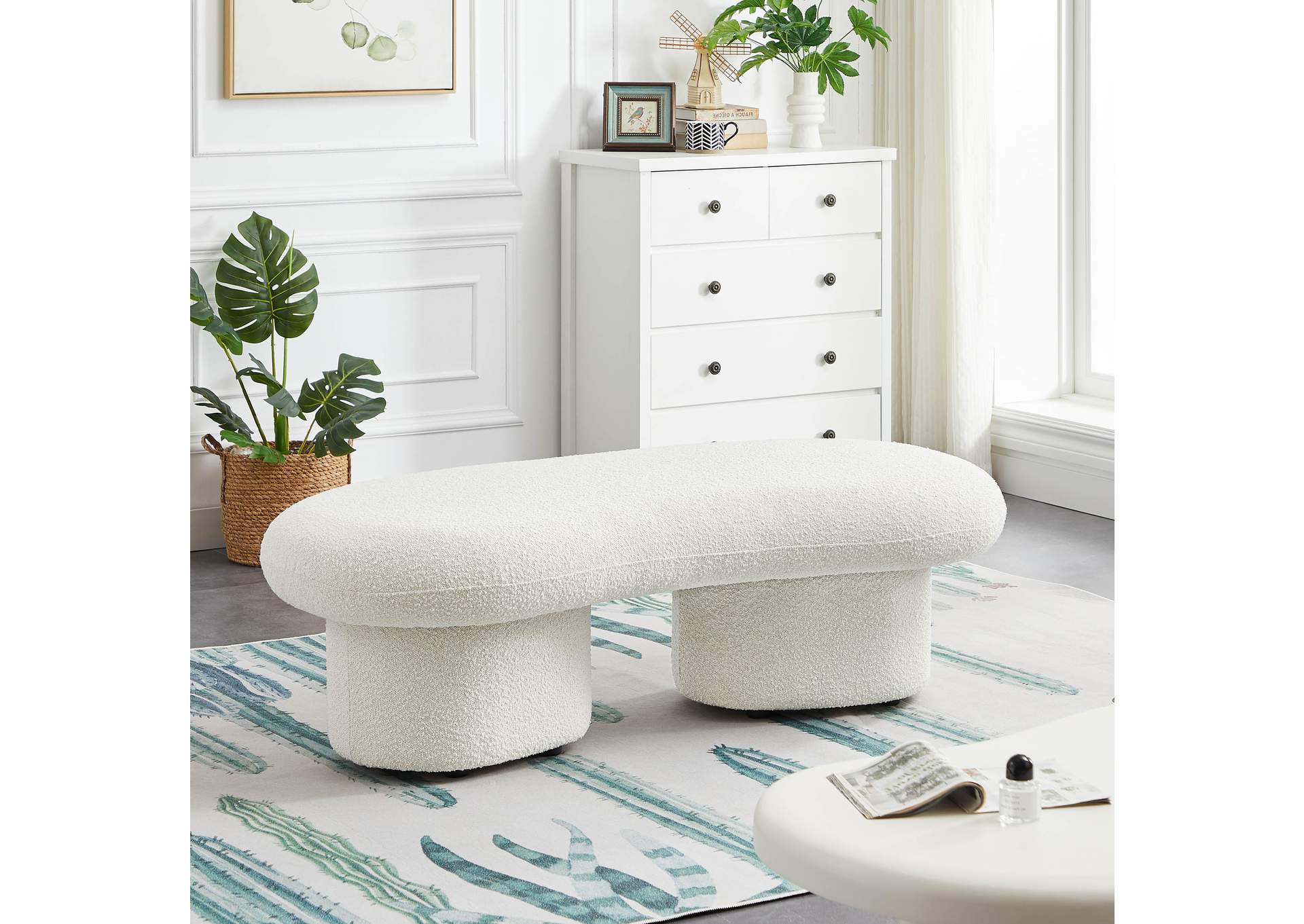 Luka Cream Boucle Fabric Bench,Meridian Furniture