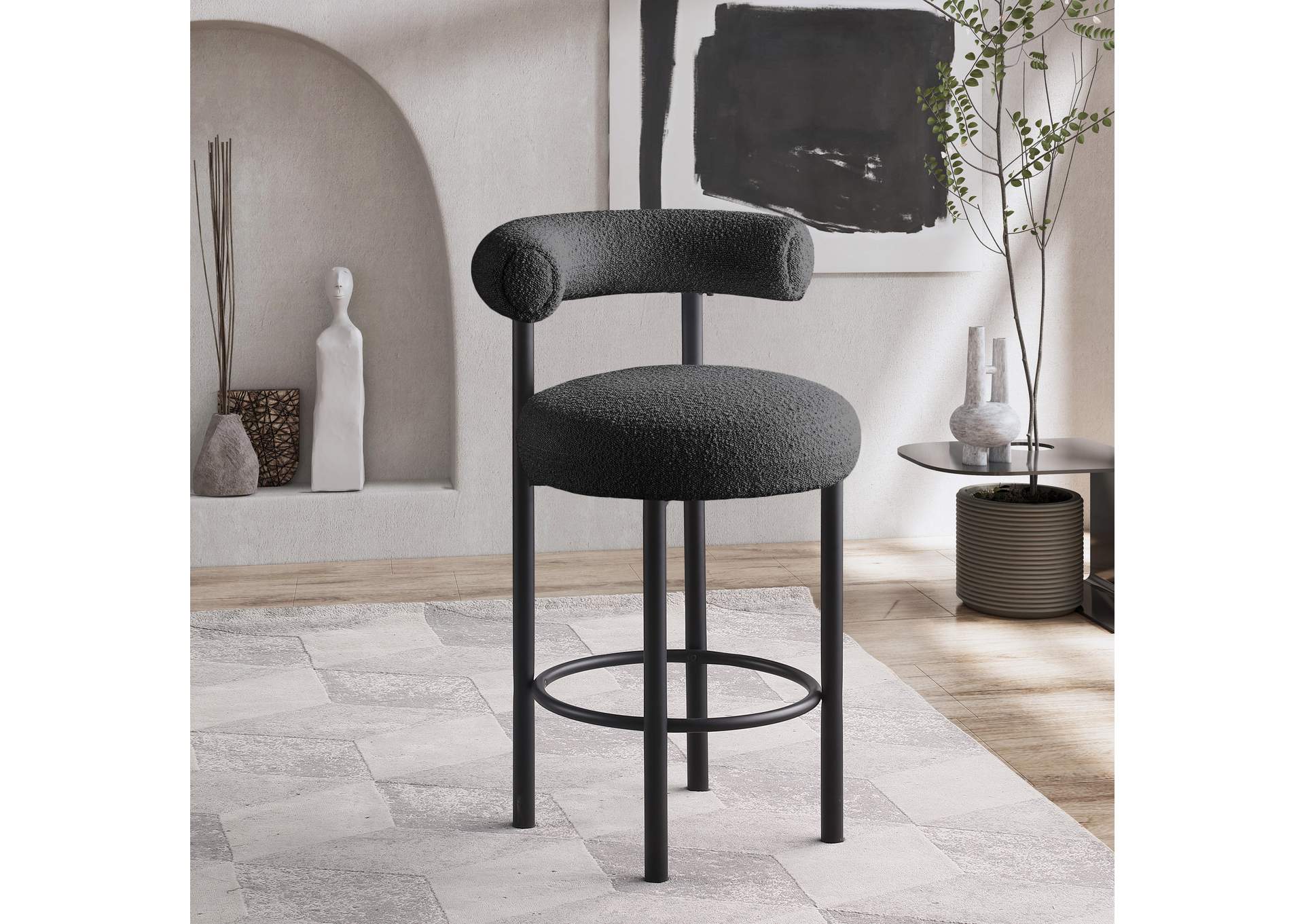 Bordeaux Black Boucle Fabric Stool Set of 2,Meridian Furniture