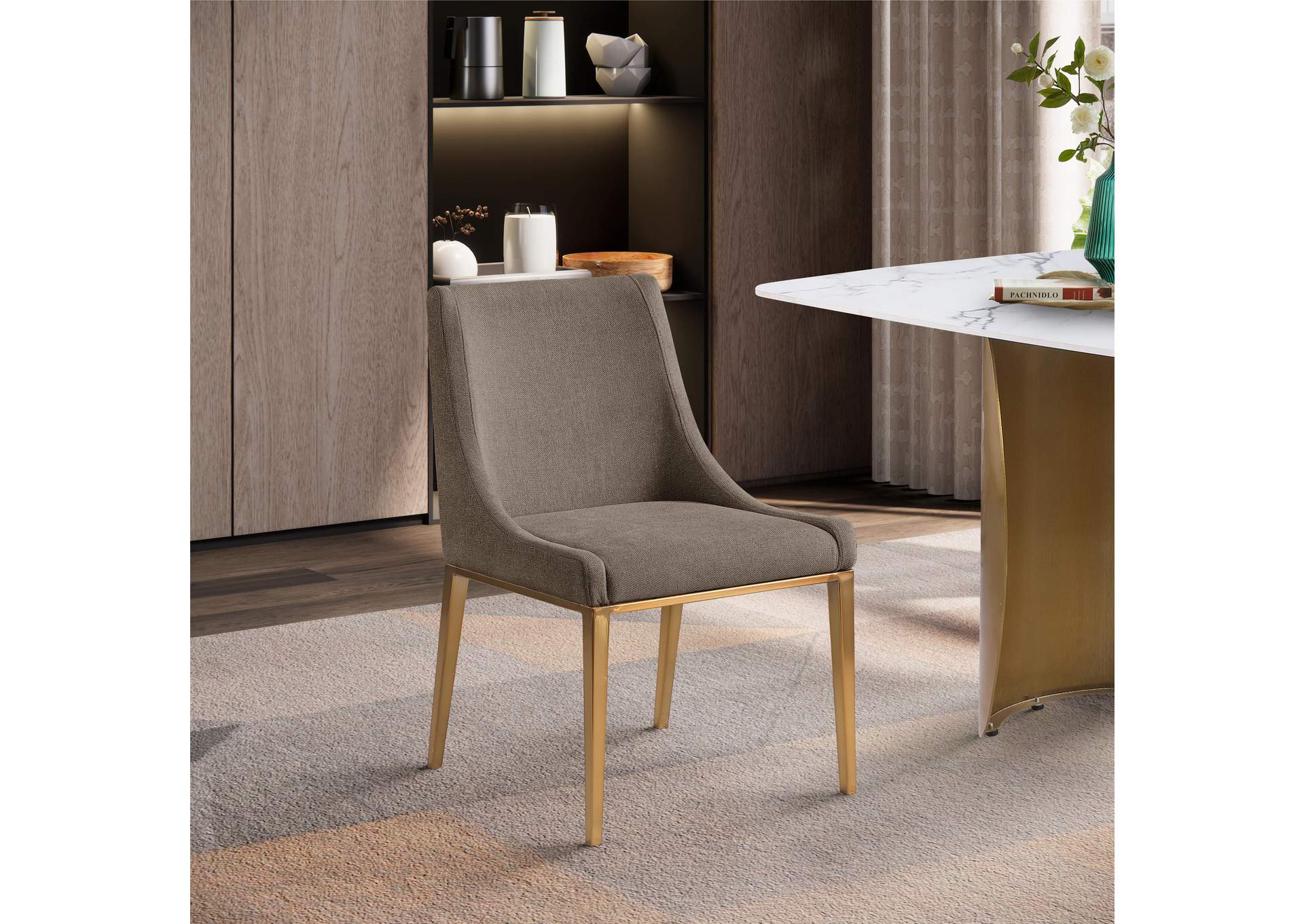 Haines Brown Linen Textured Polyester Fabric Dining Chair Set of 2,Meridian Furniture