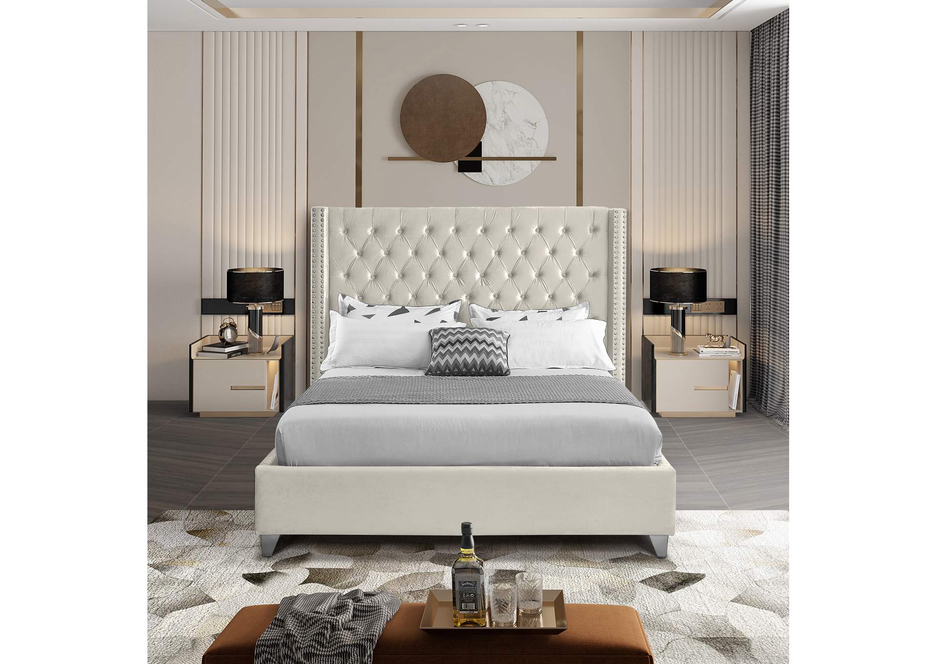 Aiden Cream Velvet Queen Bed,Meridian Furniture