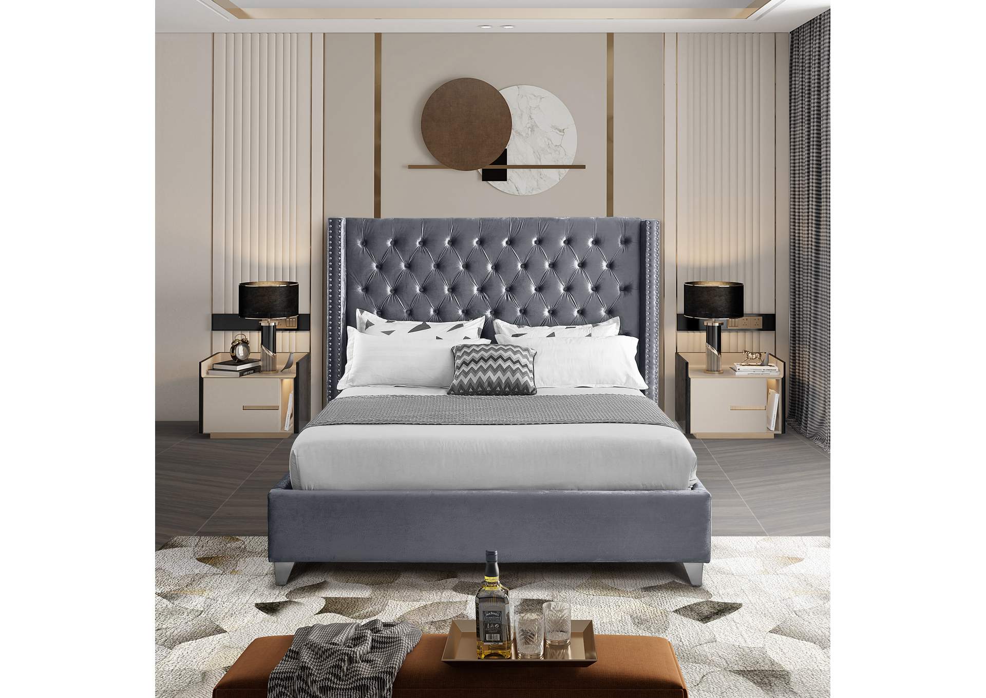 Aiden Grey Velvet Queen Bed,Meridian Furniture