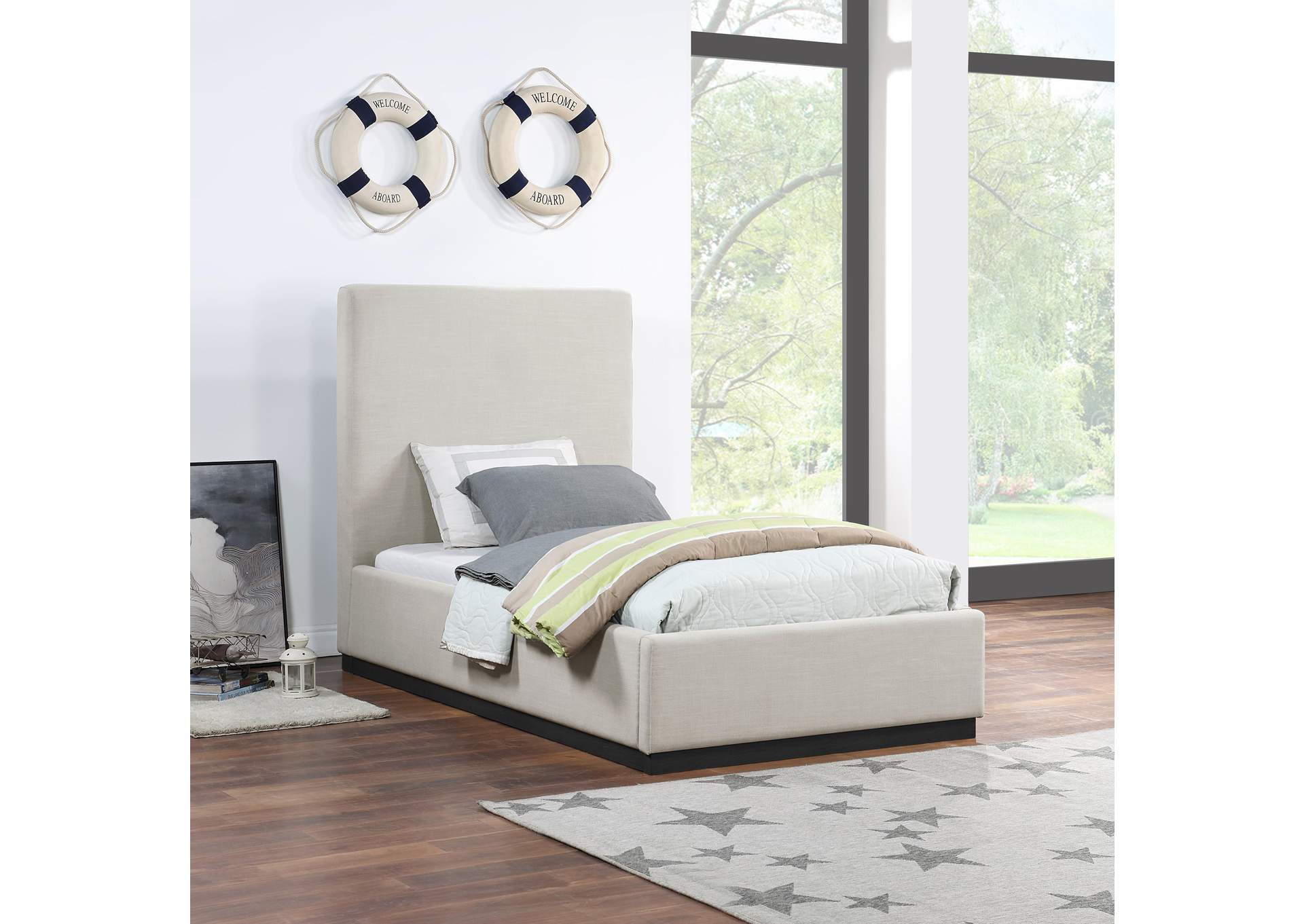 Alfie Beige Linen Textured Fabric Twin Bed,Meridian Furniture