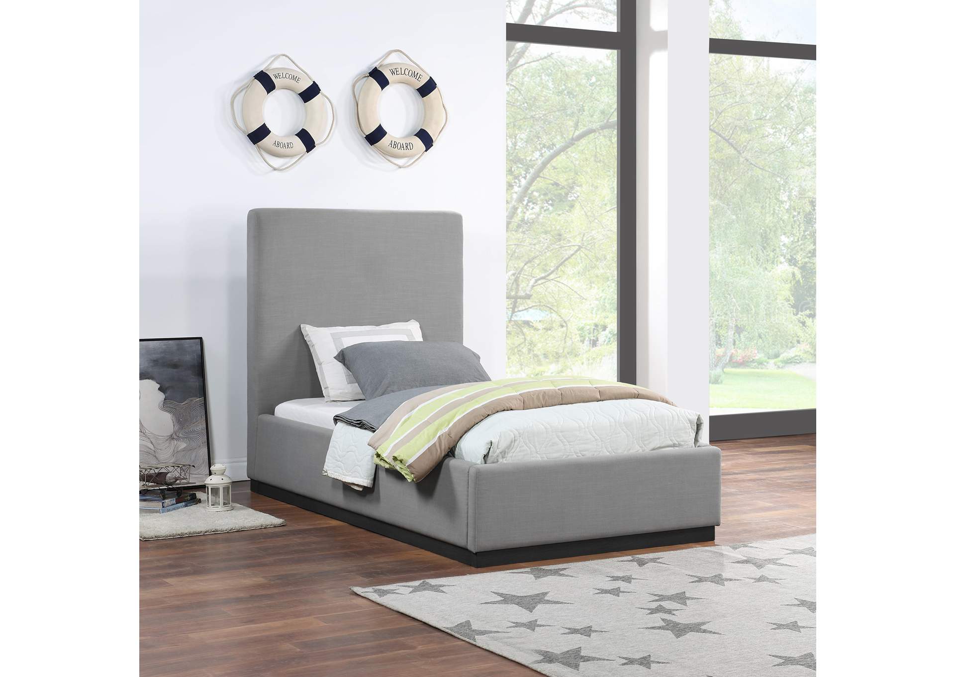 Alfie Grey Linen Textured Fabric Twin Bed,Meridian Furniture