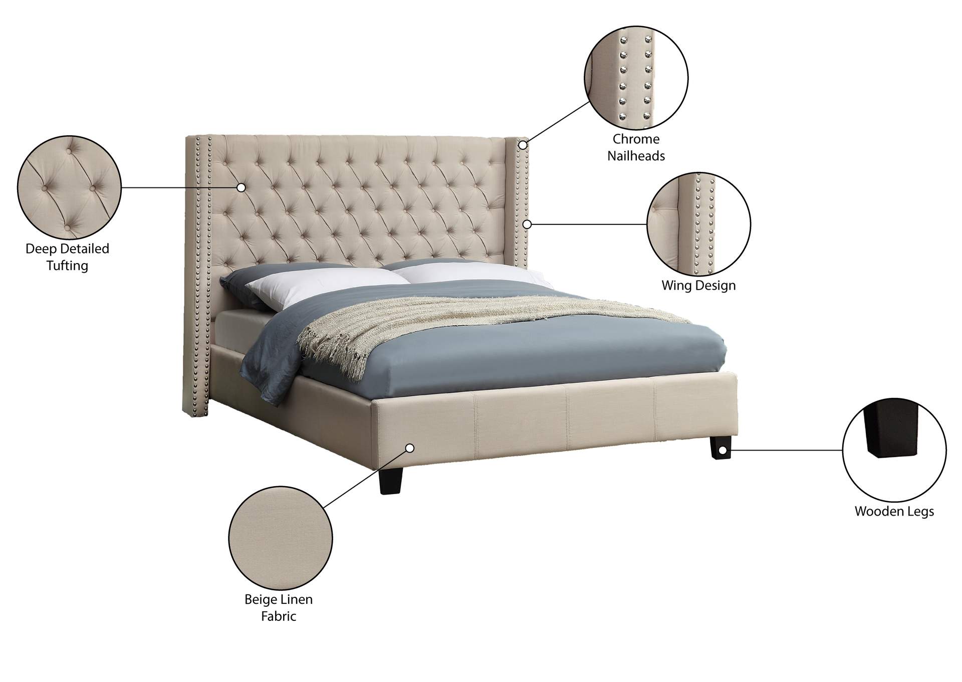 Ashton Beige Linen Textured Queen Bed,Meridian Furniture
