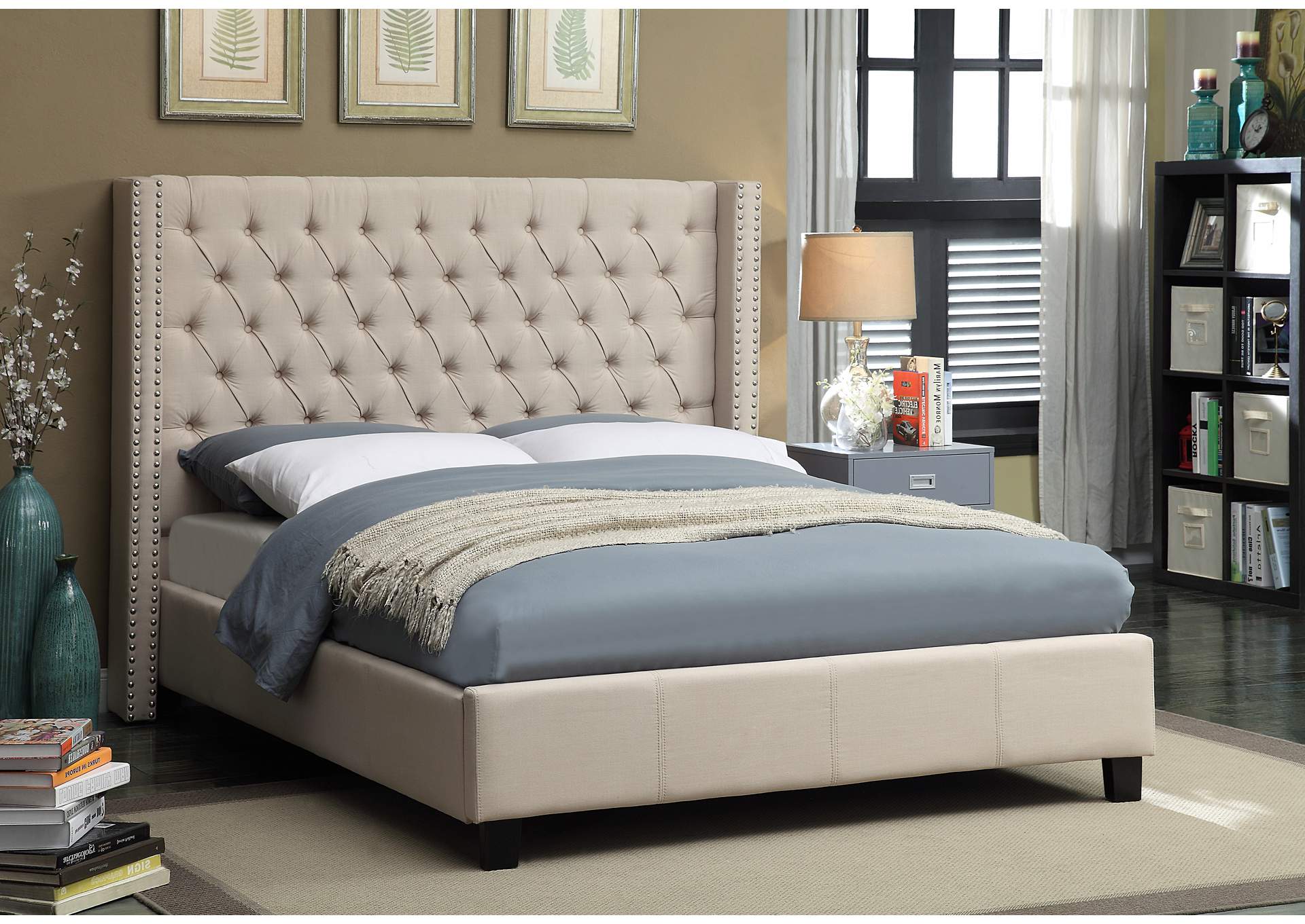 Ashton Beige Linen Textured Queen Bed,Meridian Furniture
