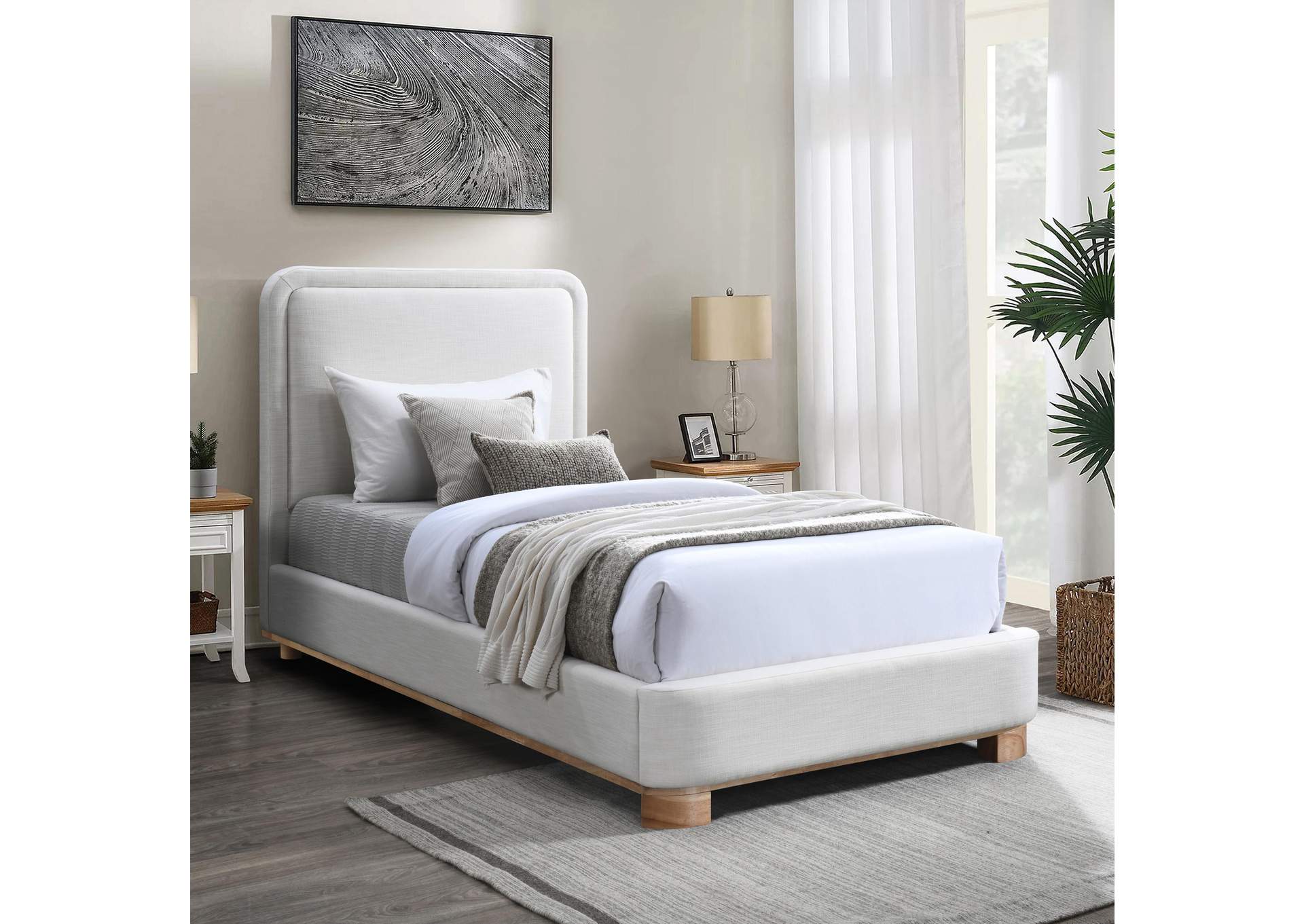 Nolita Cream Linen Textured Fabric Twin Bed,Meridian Furniture