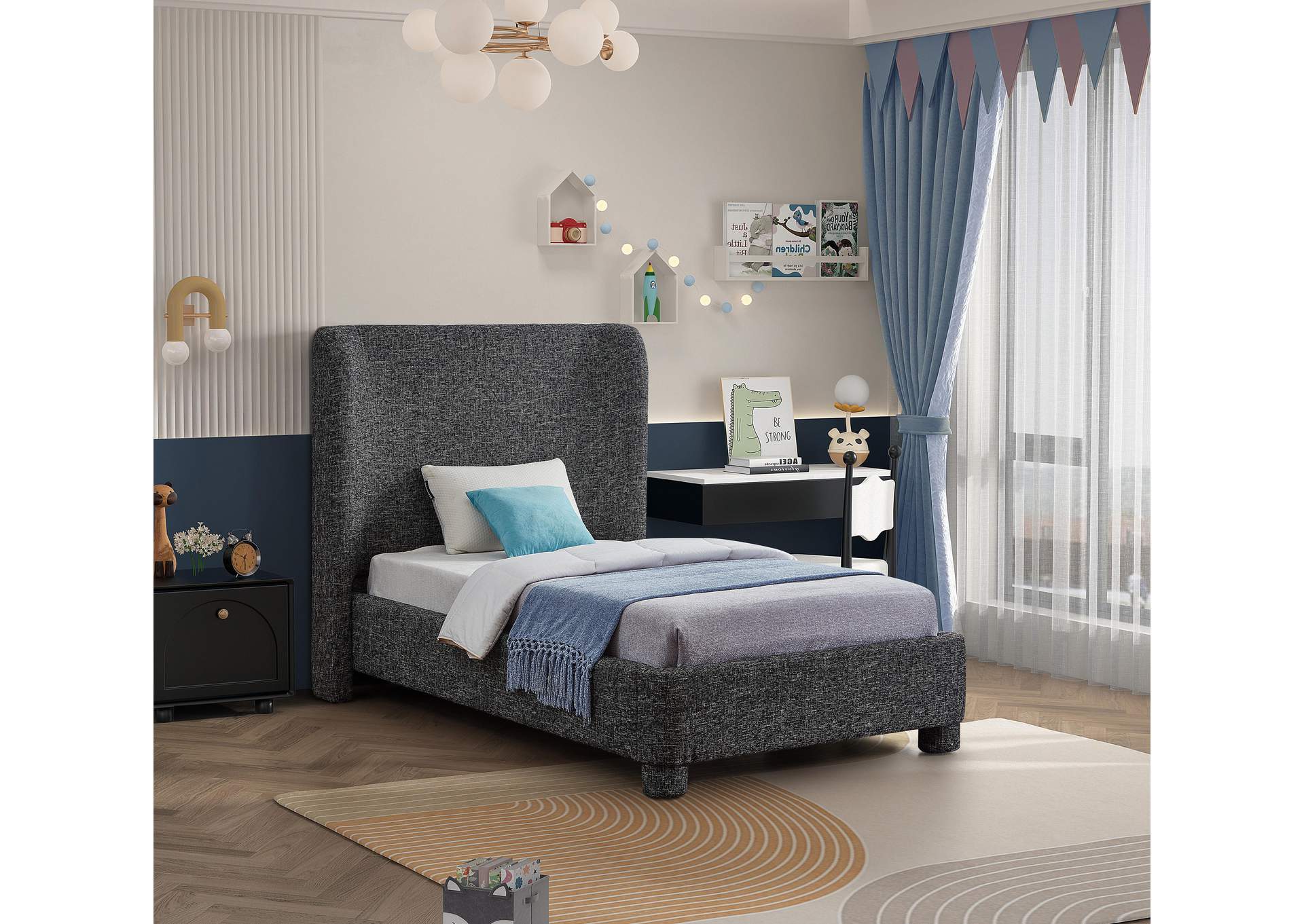 Penny Black Polyester Fabric Twin Bed,Meridian Furniture