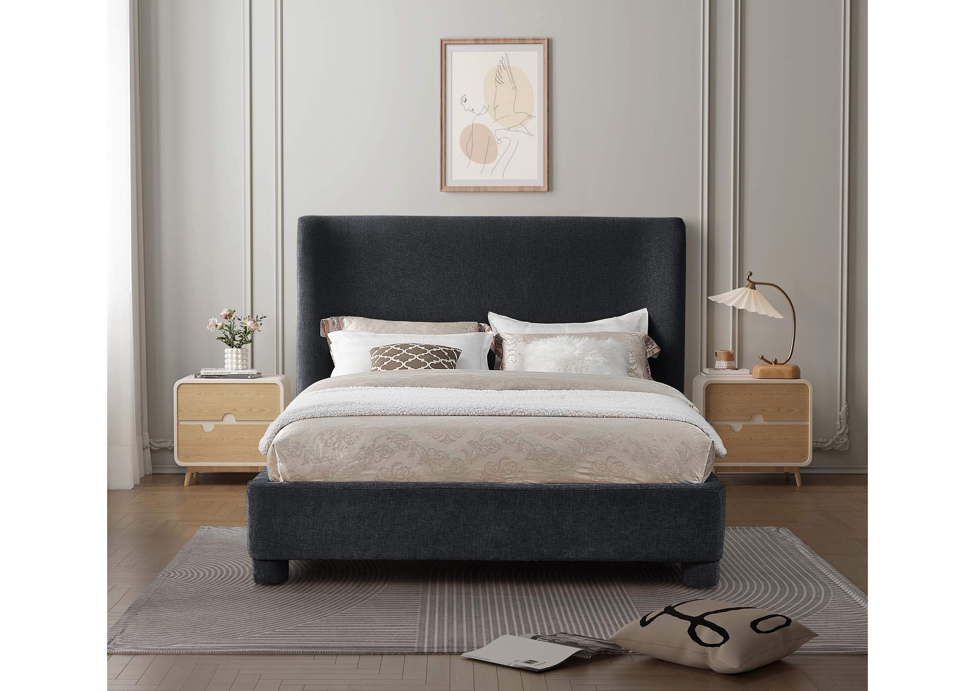 Penny Black Chenille Fabric King Bed,Meridian Furniture