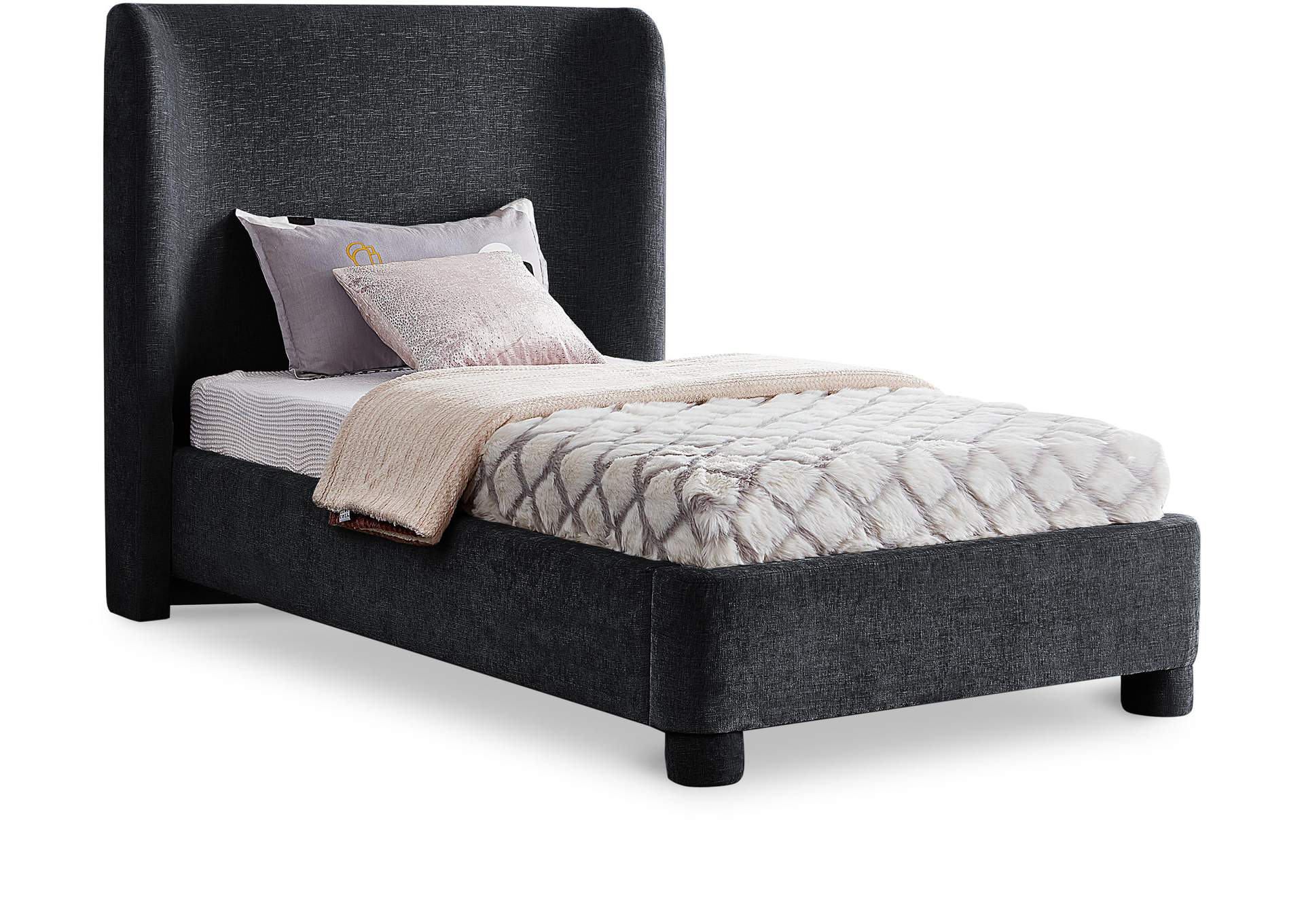 Penny Black Chenille Fabric Twin Bed,Meridian Furniture