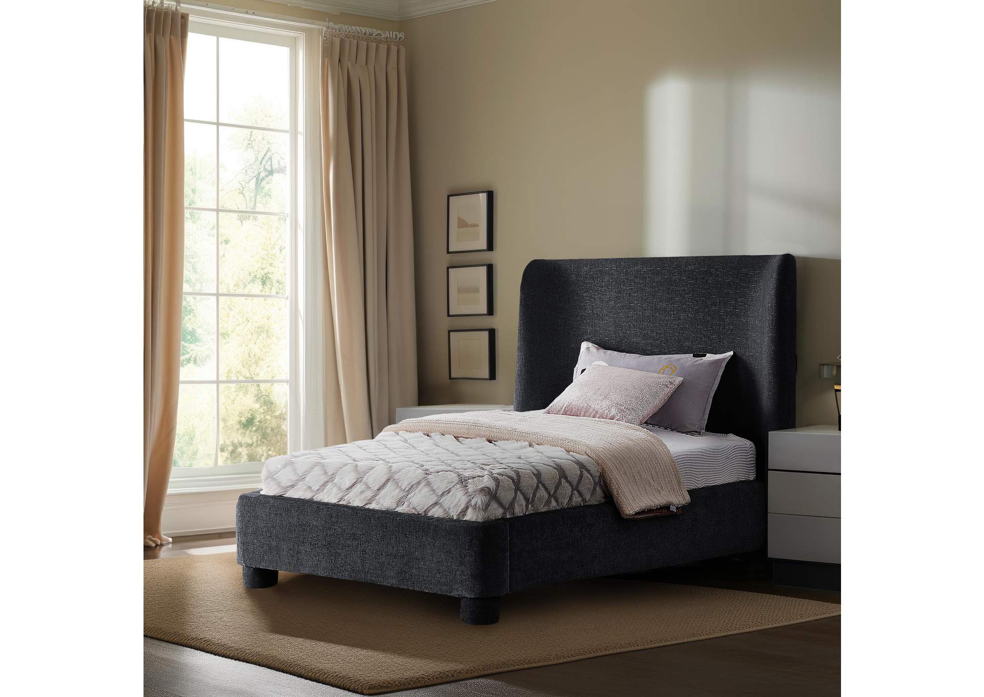 Penny Black Chenille Fabric Twin Bed,Meridian Furniture