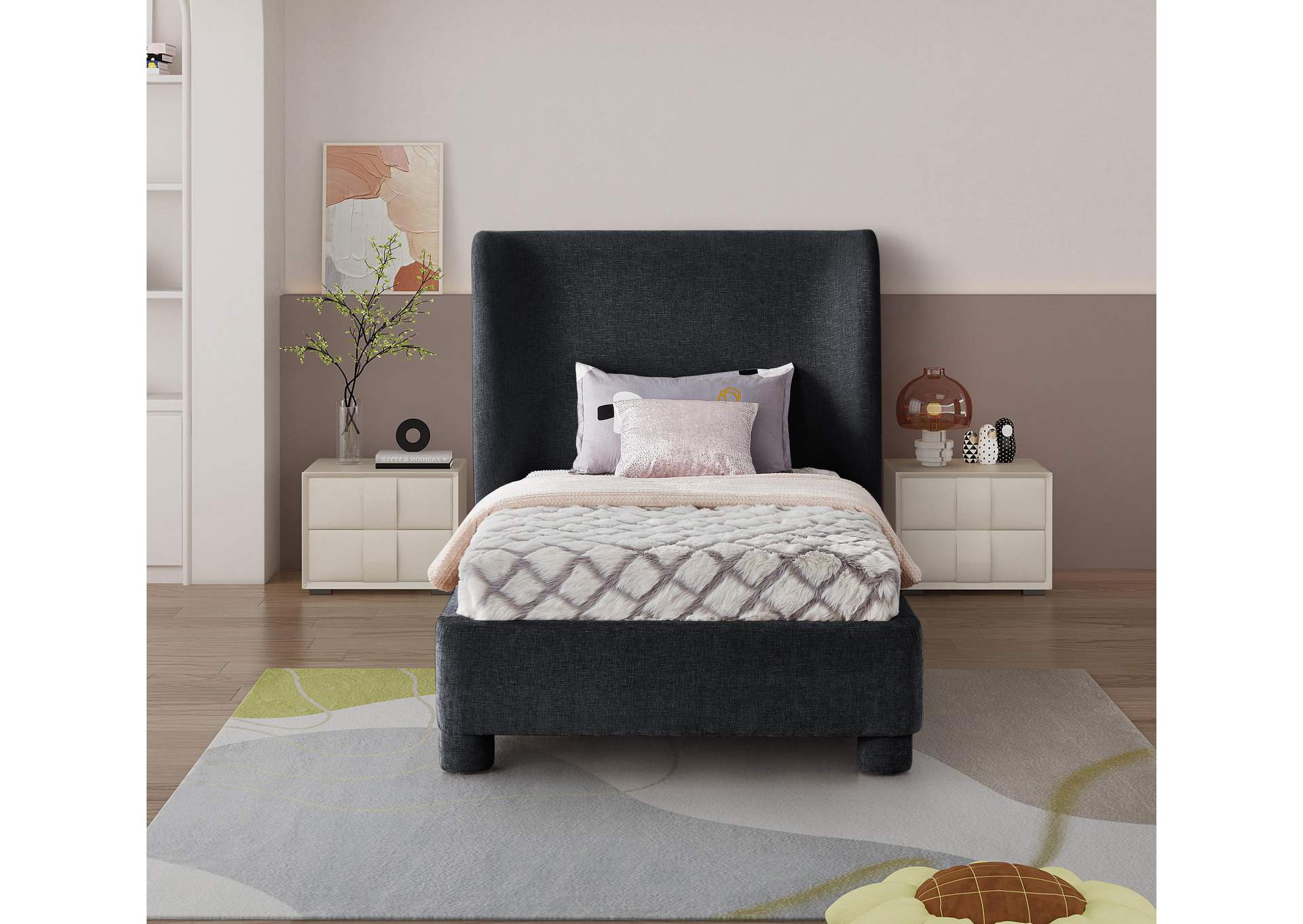 Penny Black Chenille Fabric Twin Bed,Meridian Furniture