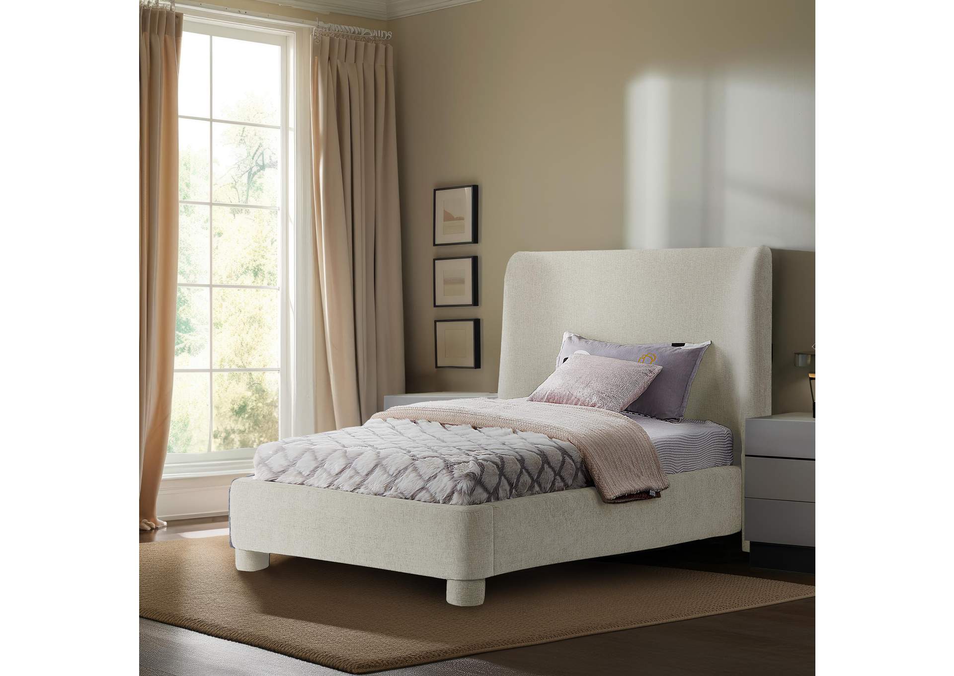 Penny Cream Chenille Fabric Twin Bed,Meridian Furniture