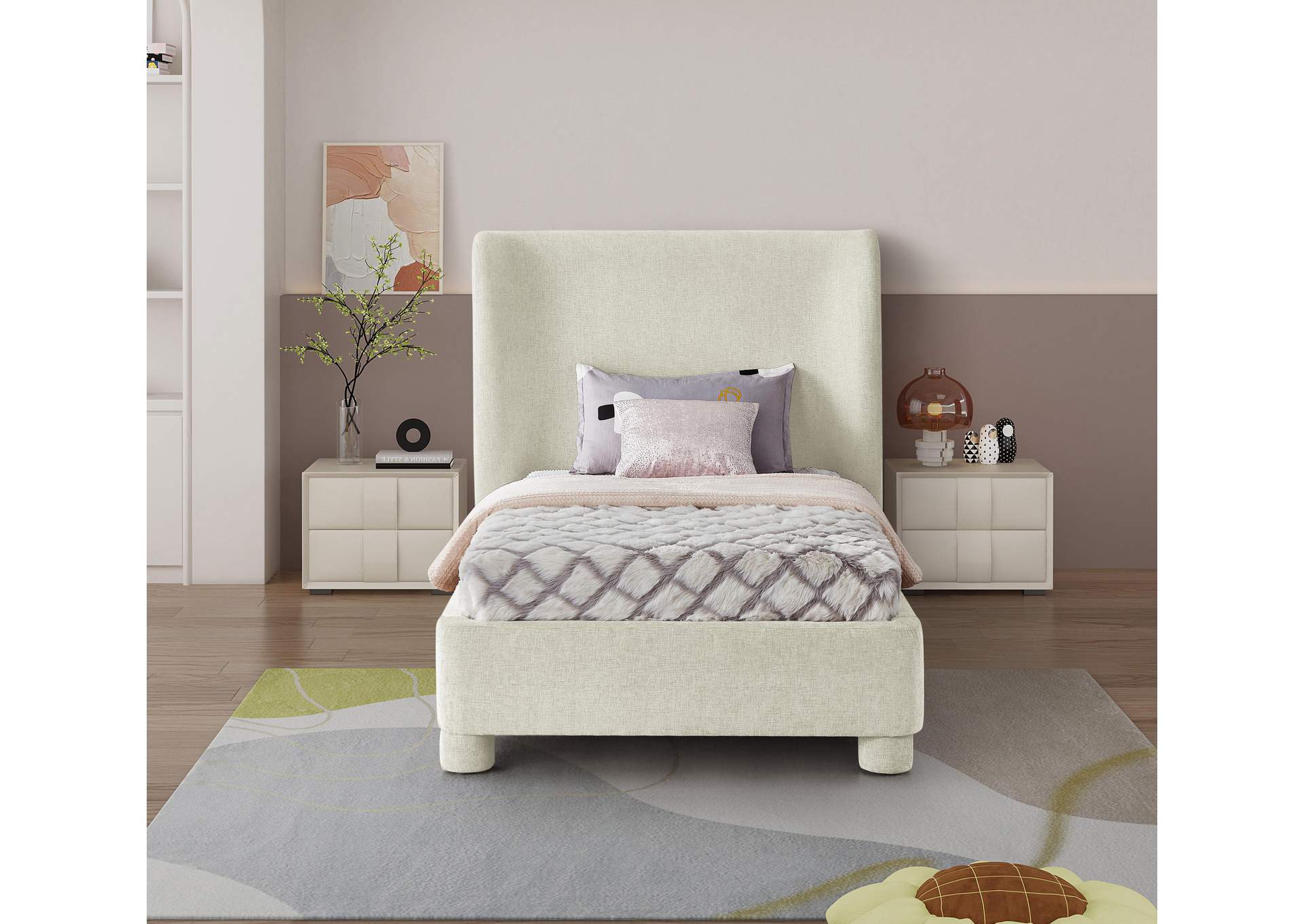 Penny Cream Chenille Fabric Twin Bed,Meridian Furniture