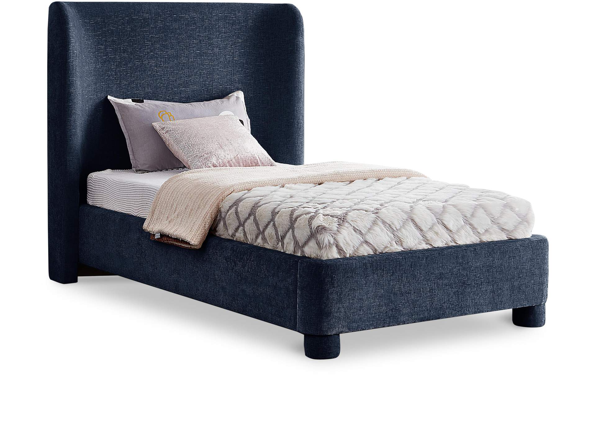 Penny Navy Chenille Fabric Twin Bed,Meridian Furniture