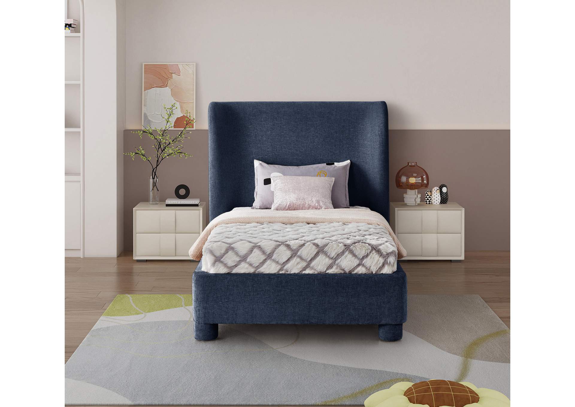 Penny Navy Chenille Fabric Twin Bed,Meridian Furniture