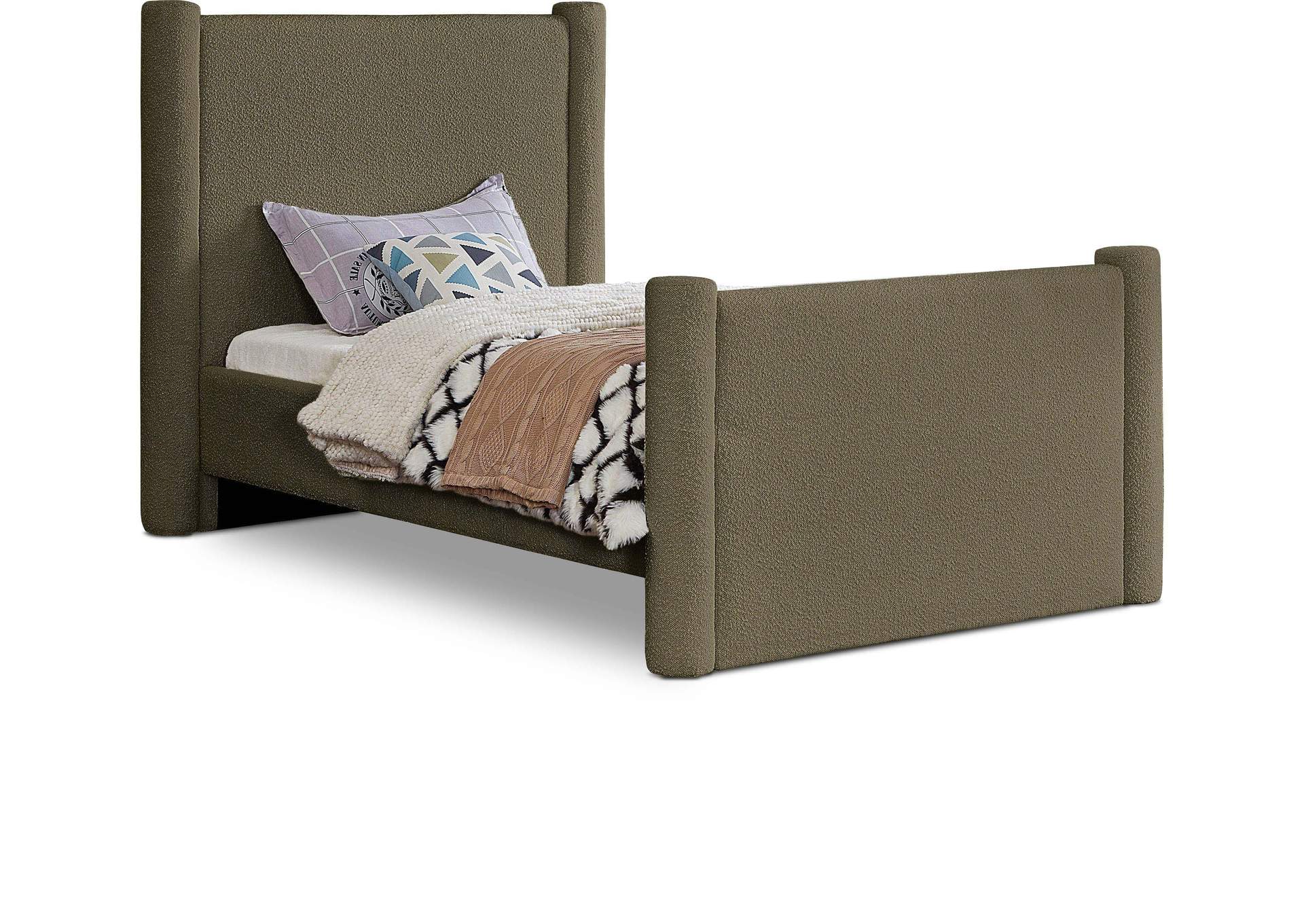 Elias Olive Green Boucle Fabric Twin Bed,Meridian Furniture