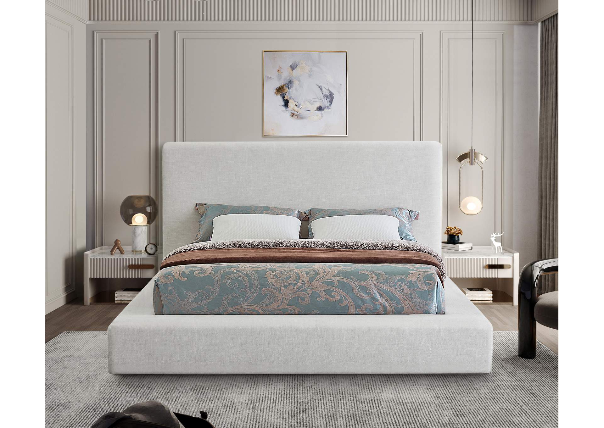 Devin Cream Linen Textured Fabric King Bed,Meridian Furniture