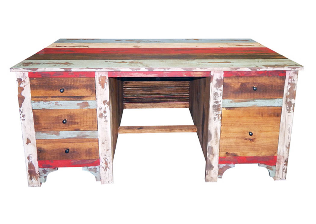 Multicolored Louvered Executive Desk w/5 Drawers,Million Dollar Rustic