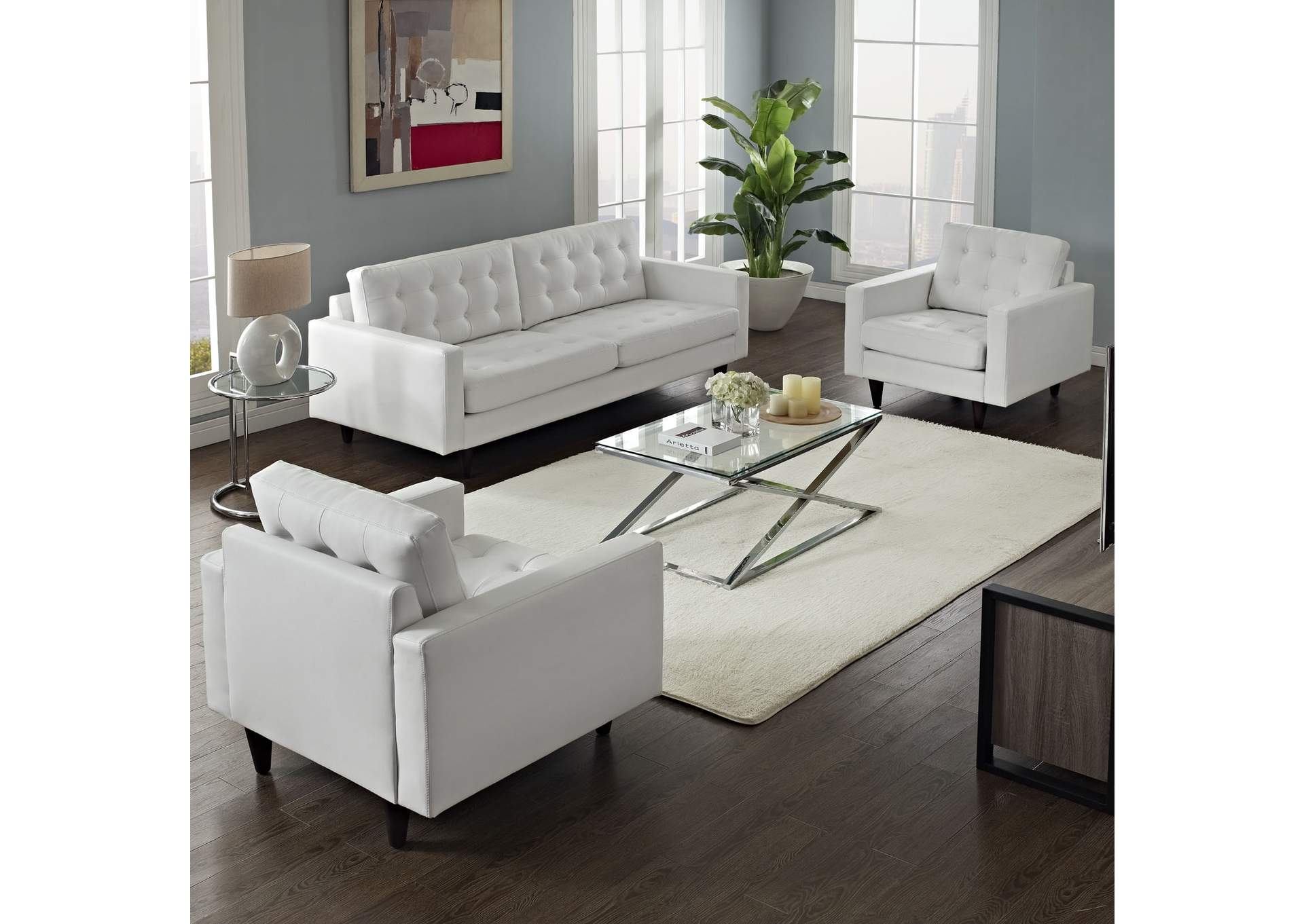 White Empress Sofa and Armchairs [Set of 3],Modway