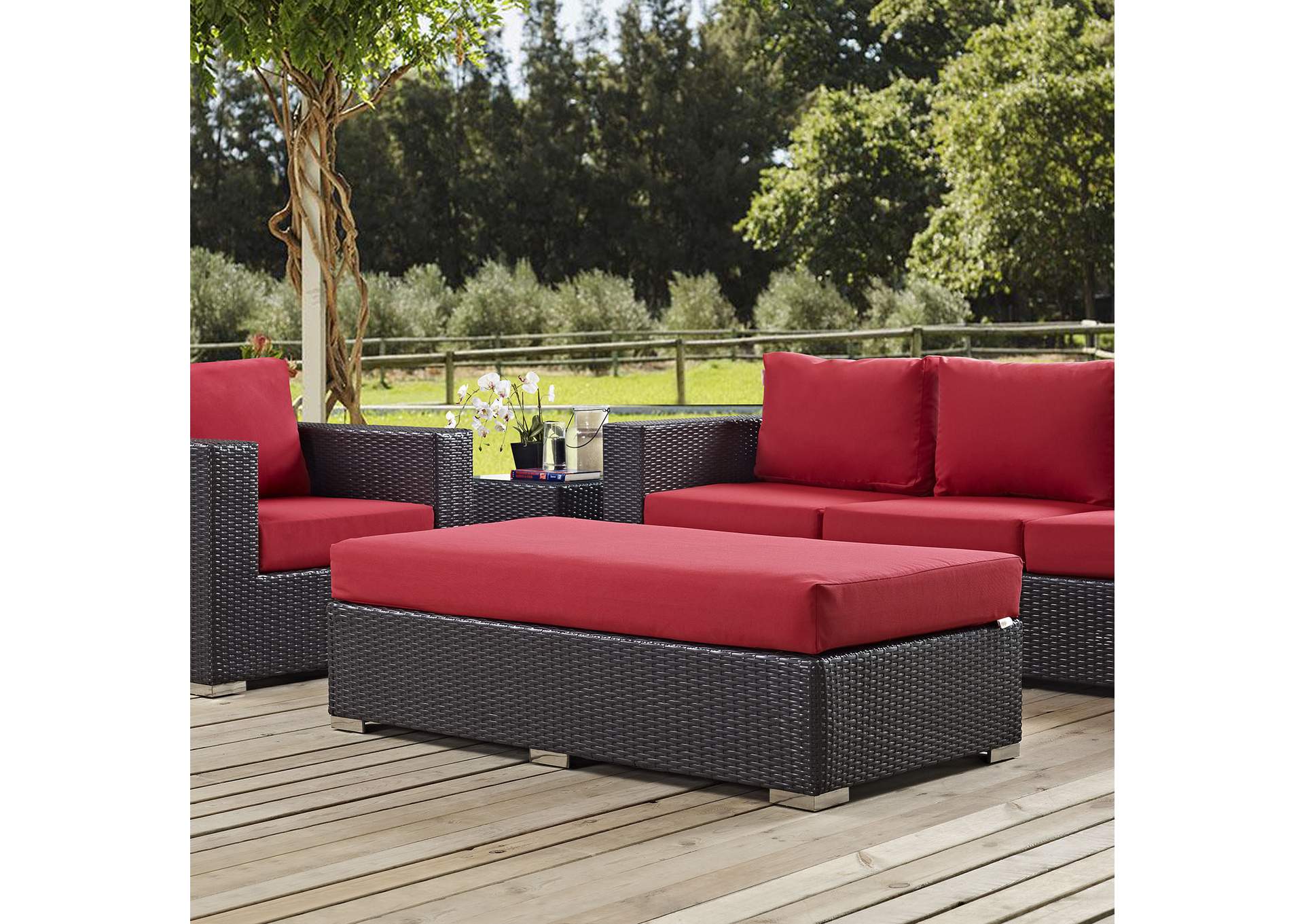 Espresso Red Convene Outdoor Patio Fabric Rectangle Ottoman,Modway