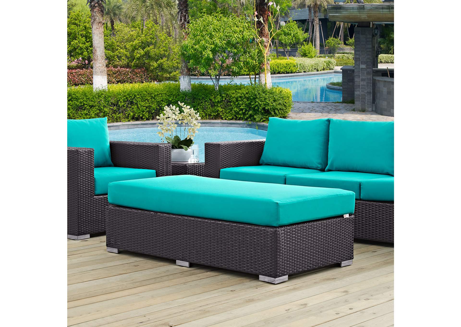 Espresso Turquoise Convene Outdoor Patio Fabric Rectangle Ottoman,Modway