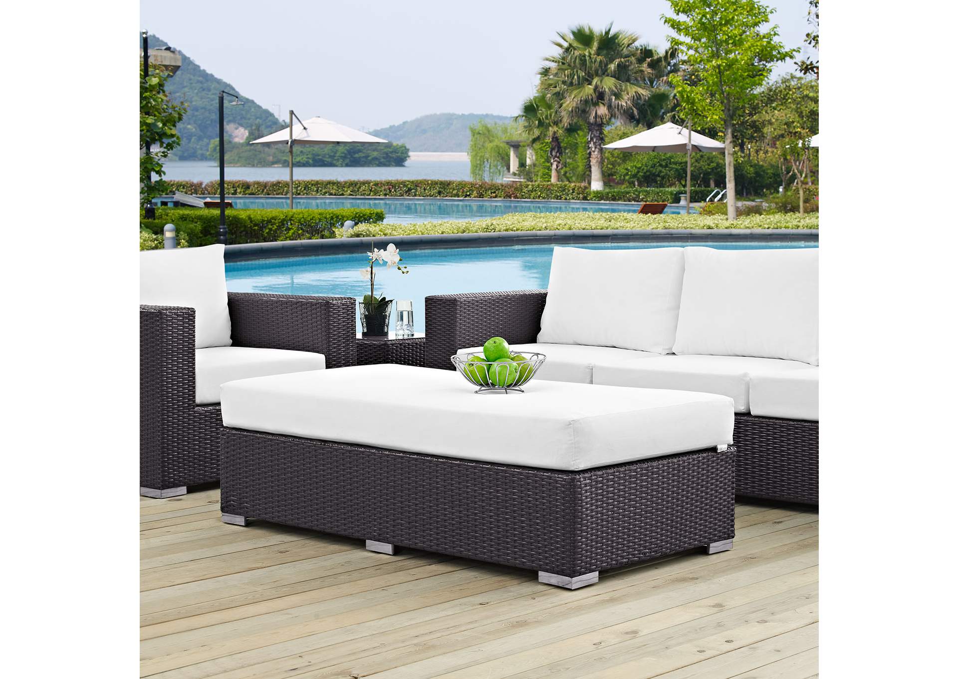 Espresso White Convene Outdoor Patio Fabric Rectangle Ottoman,Modway