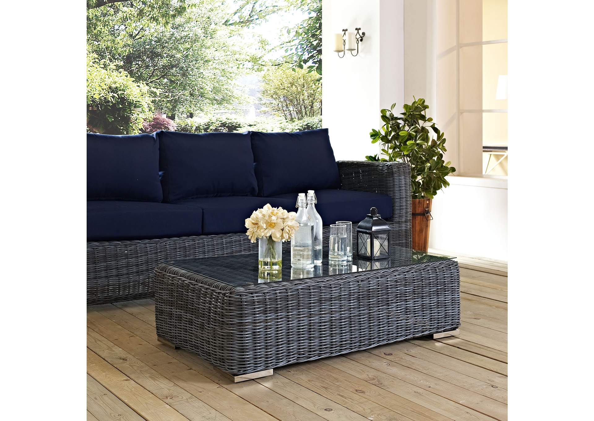 Gray Summon Outdoor Patio Glass Top Coffee Table,Modway