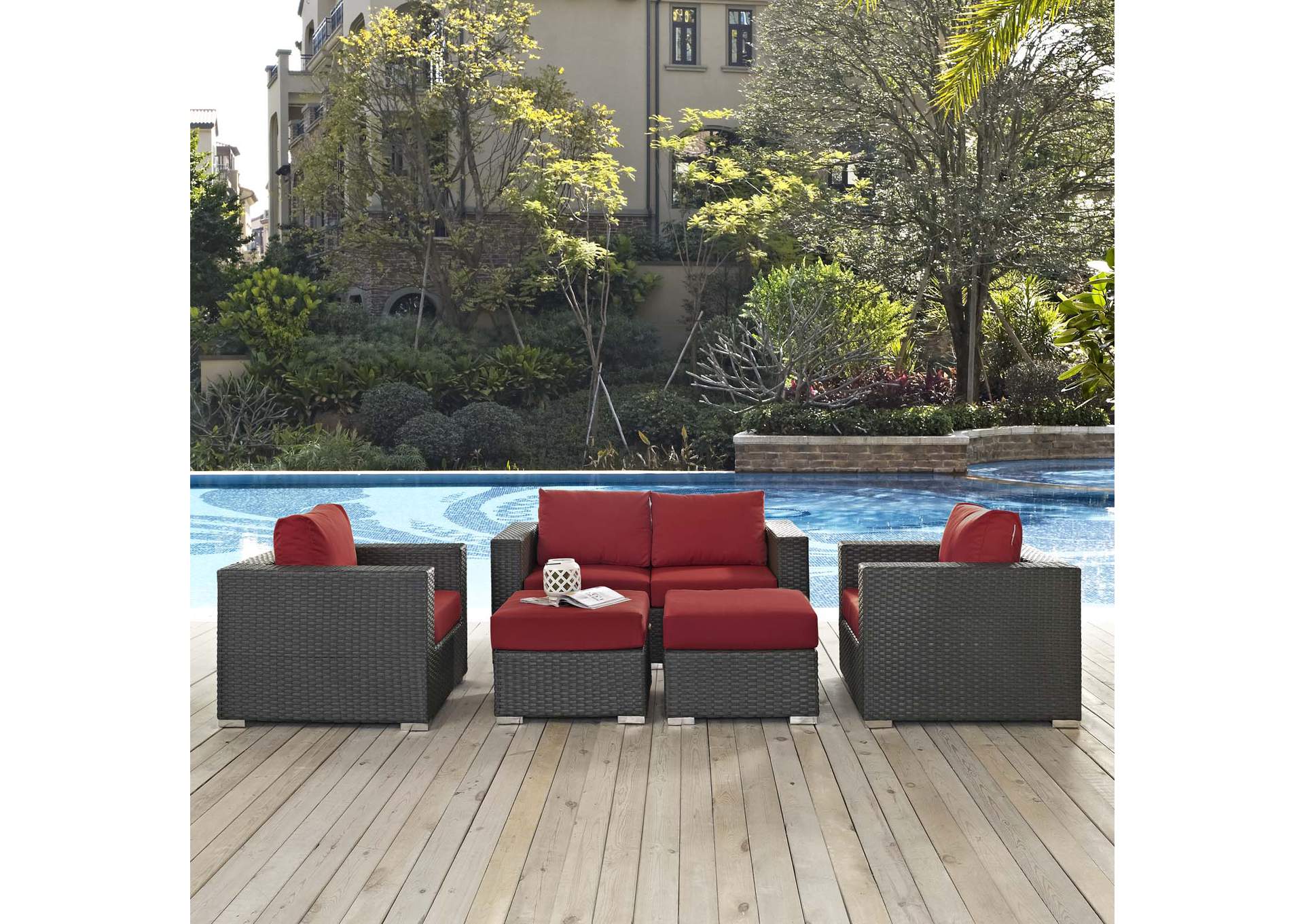 Canvas Red Sojourn 5 Piece Outdoor Patio Sunbrella,Modway