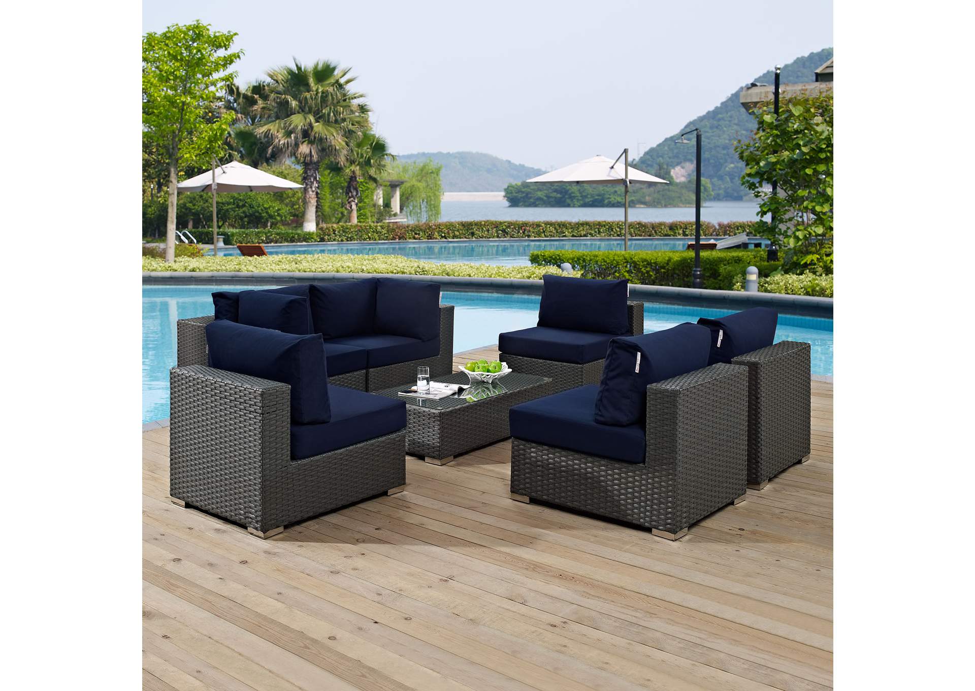 Canvas Navy Sojourn 7 Piece Outdoor Patio Sunbrella,Modway