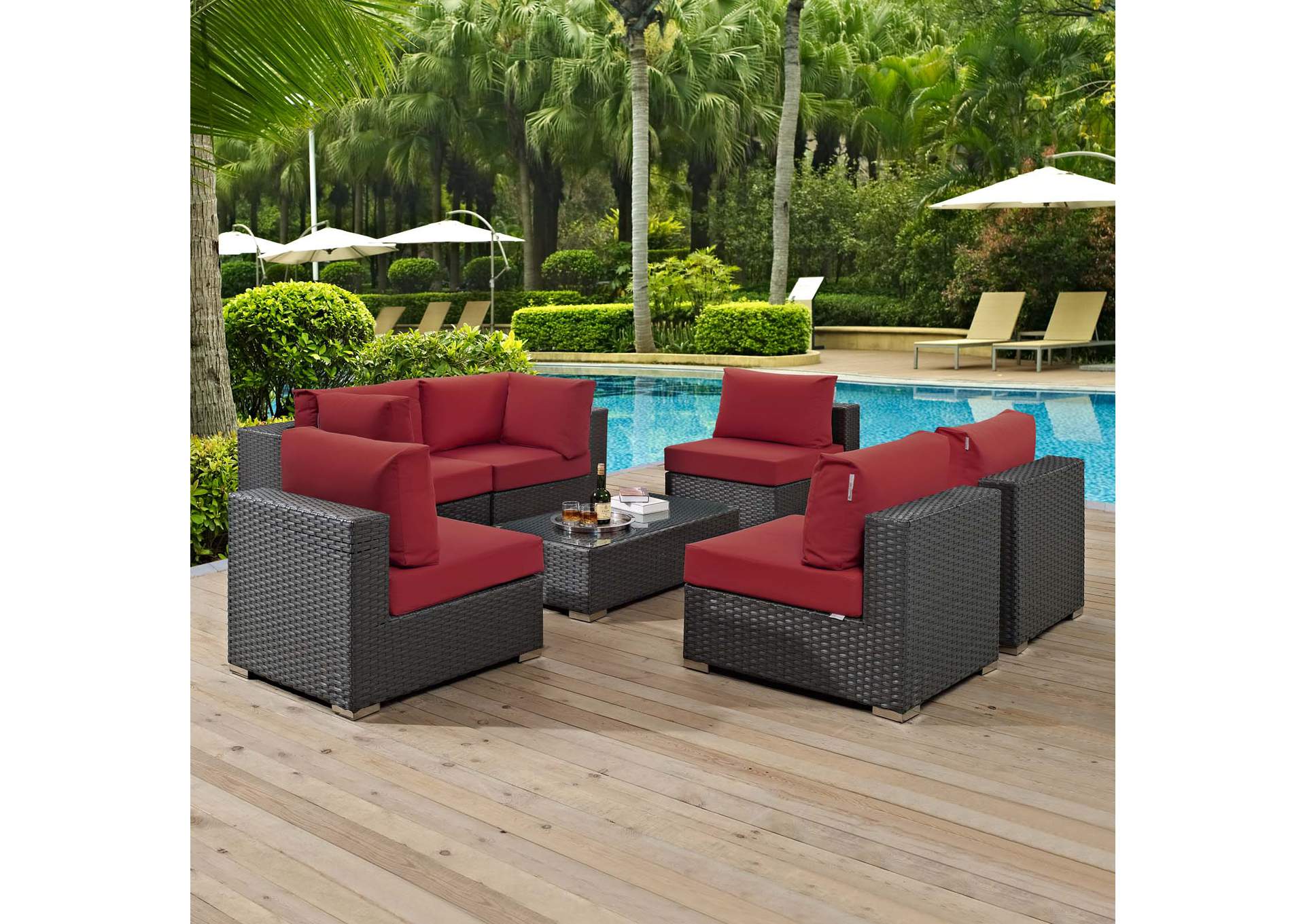 Canvas Red Sojourn 7 Piece Outdoor Patio Sunbrella,Modway