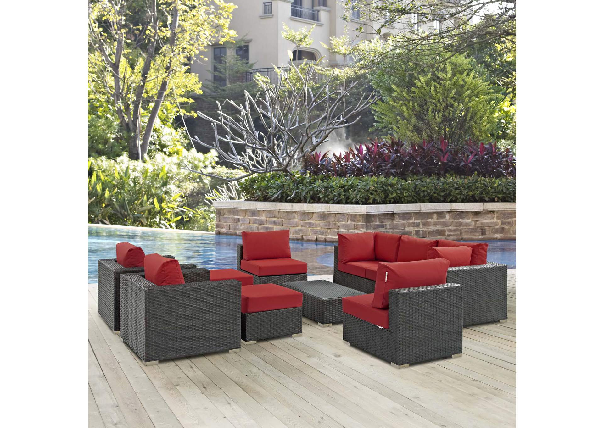 Canvas Red Sojourn 10 Piece Outdoor Patio Sunbrella,Modway