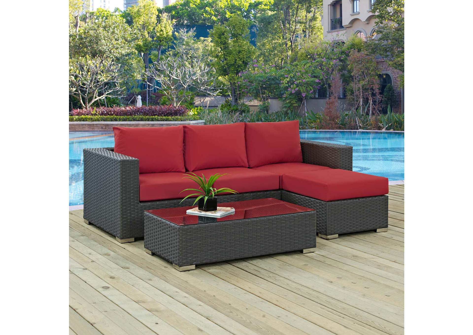 Canvas Red Sojourn 3 Piece Outdoor Patio Sunbrella,Modway