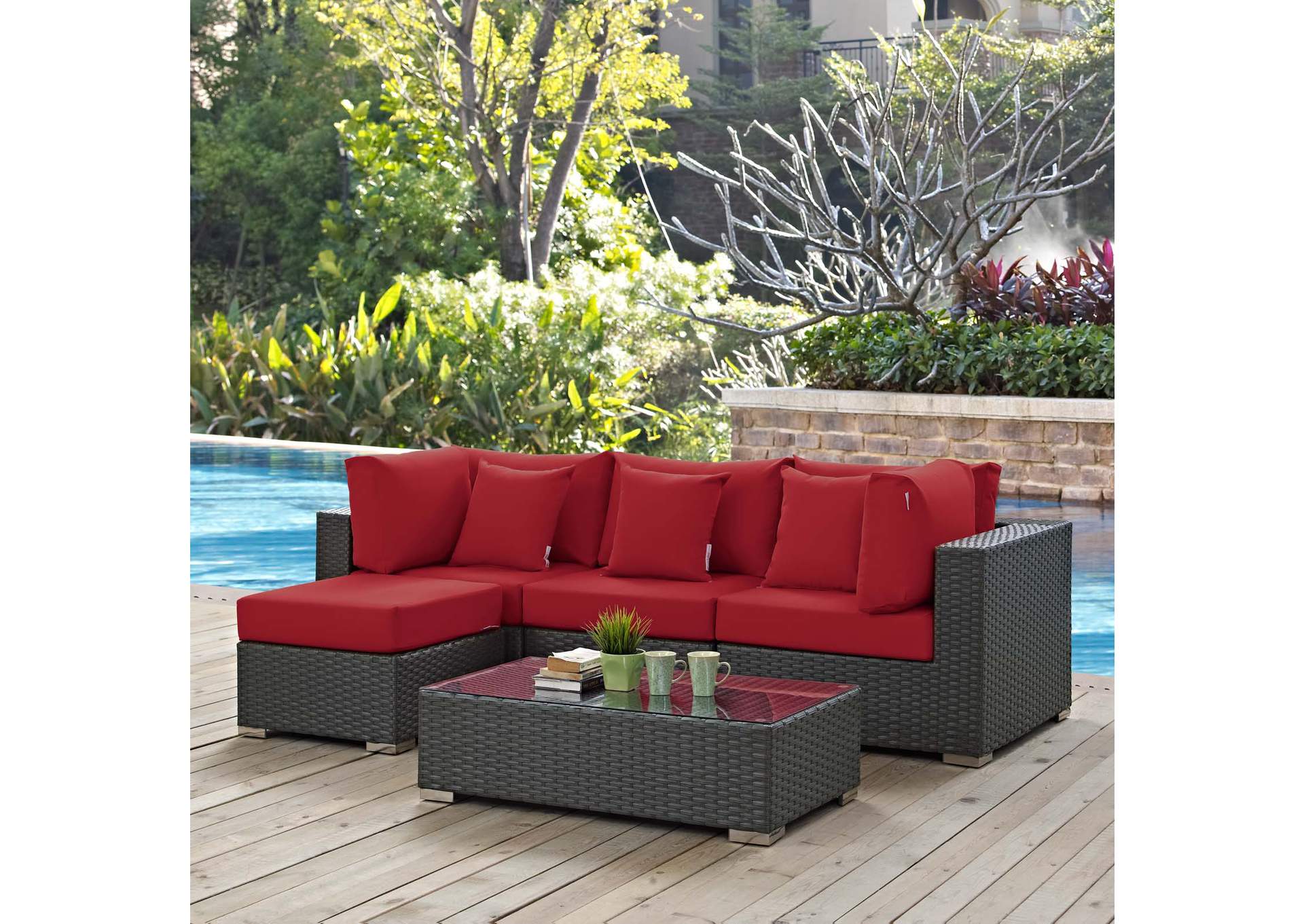 Canvas Red Sojourn 5 Piece Outdoor Patio Sunbrella,Modway