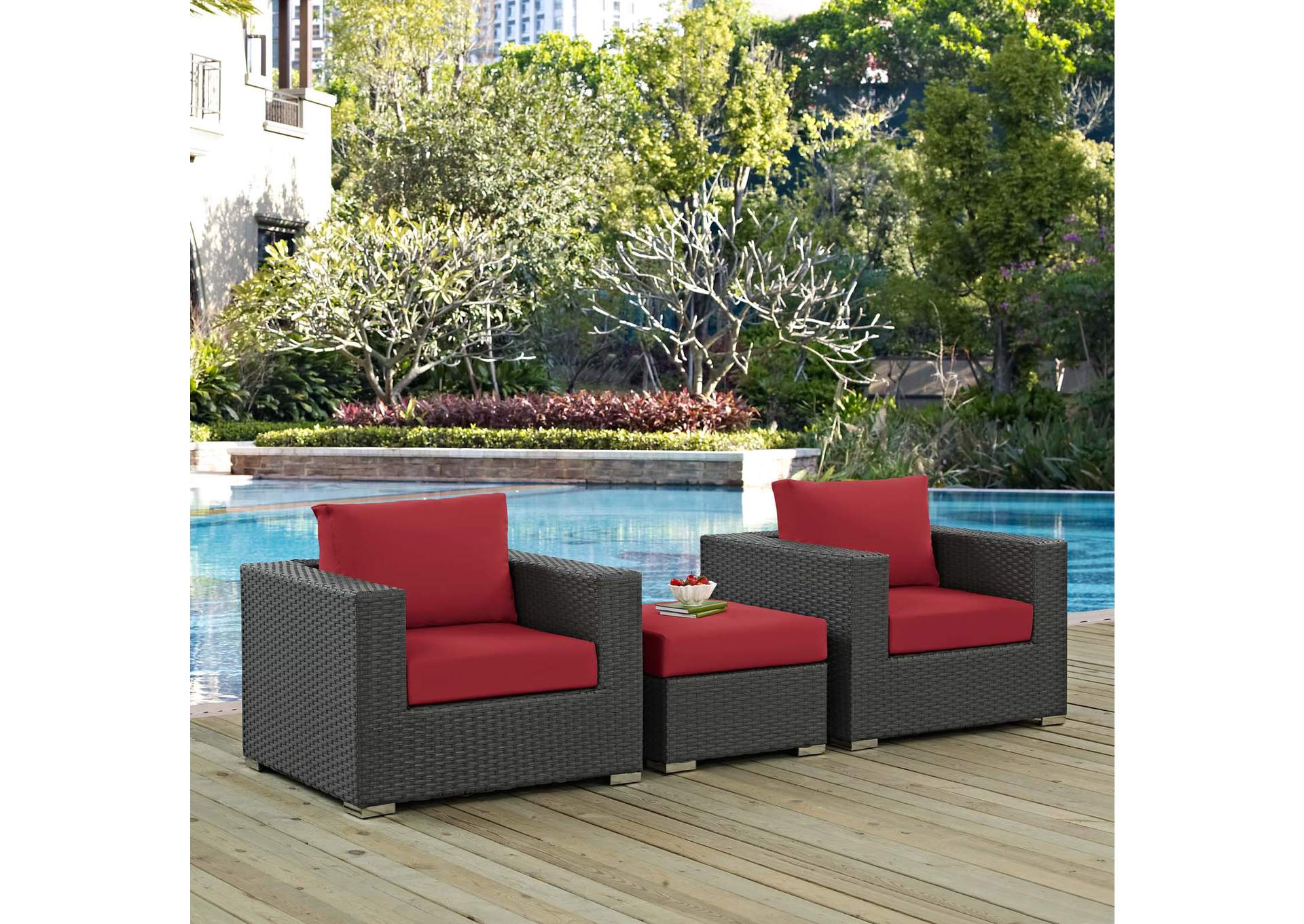 Canvas Red Sojourn 3 Piece Outdoor Patio Sunbrella,Modway