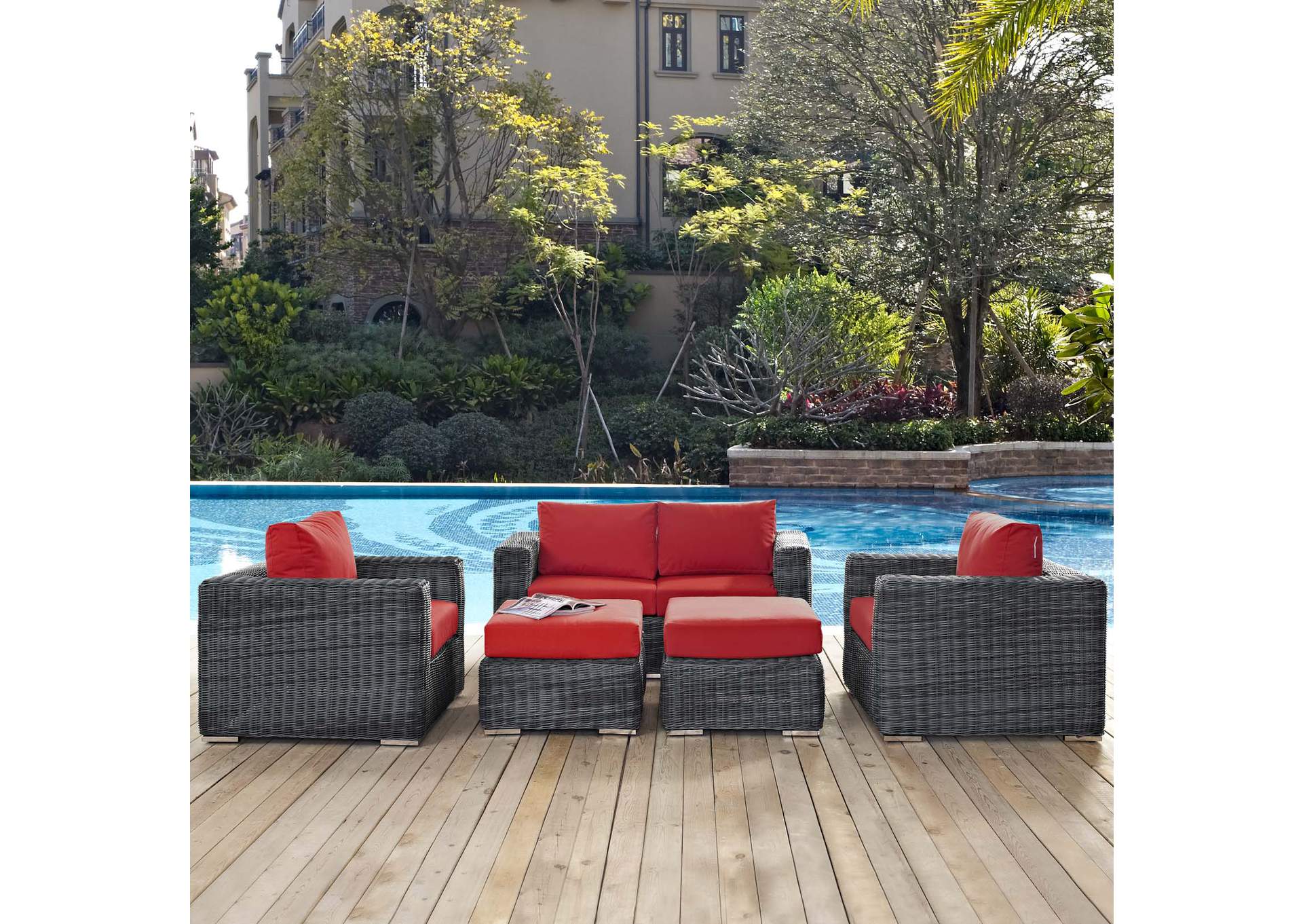 Canvas Red Summon 5 Piece Outdoor Patio Sunbrella,Modway