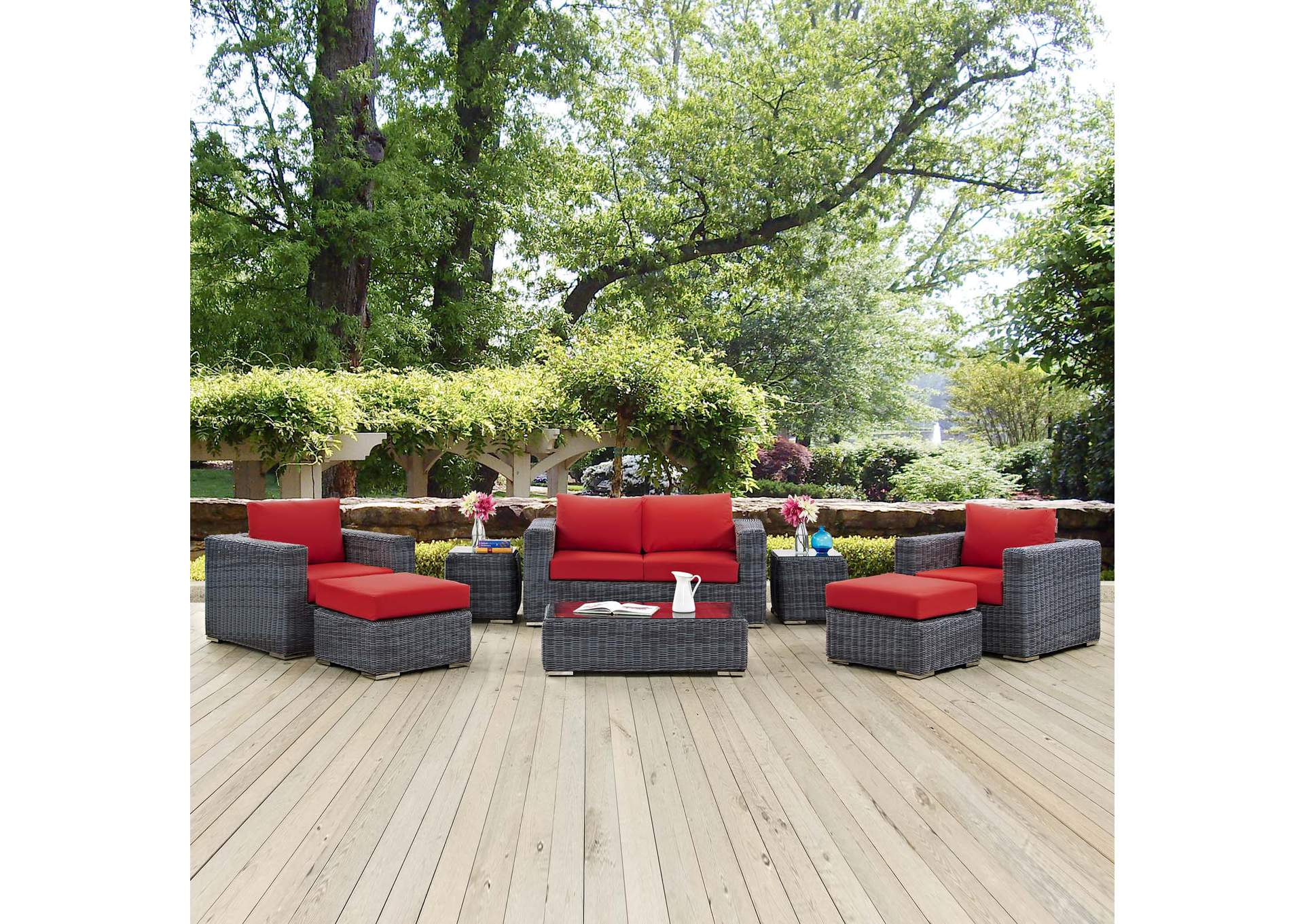 Canvas Red Summon 8 Piece Outdoor Patio Sunbrella,Modway