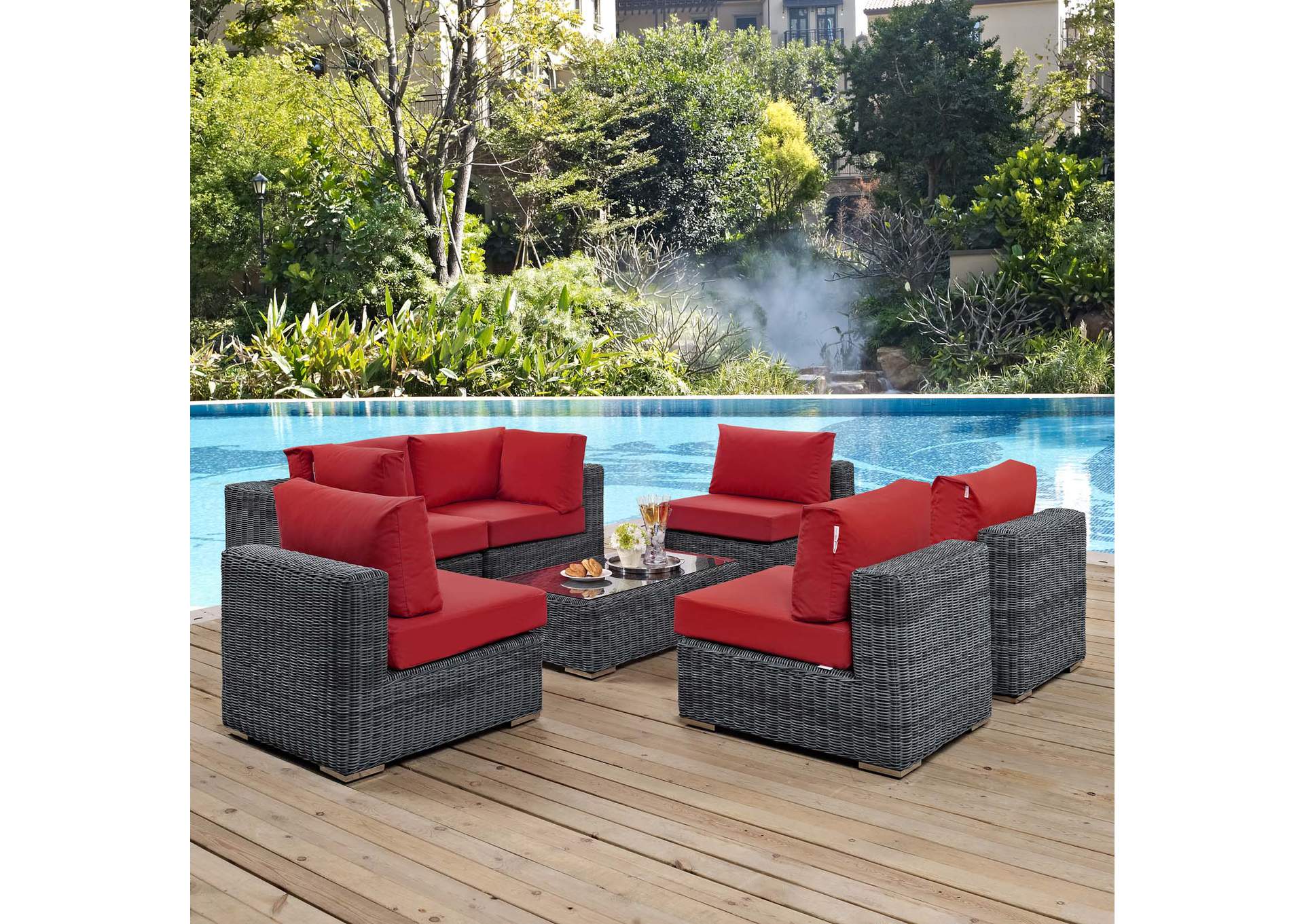 Canvas Red Summon 7 Piece Outdoor Patio Sunbrella,Modway