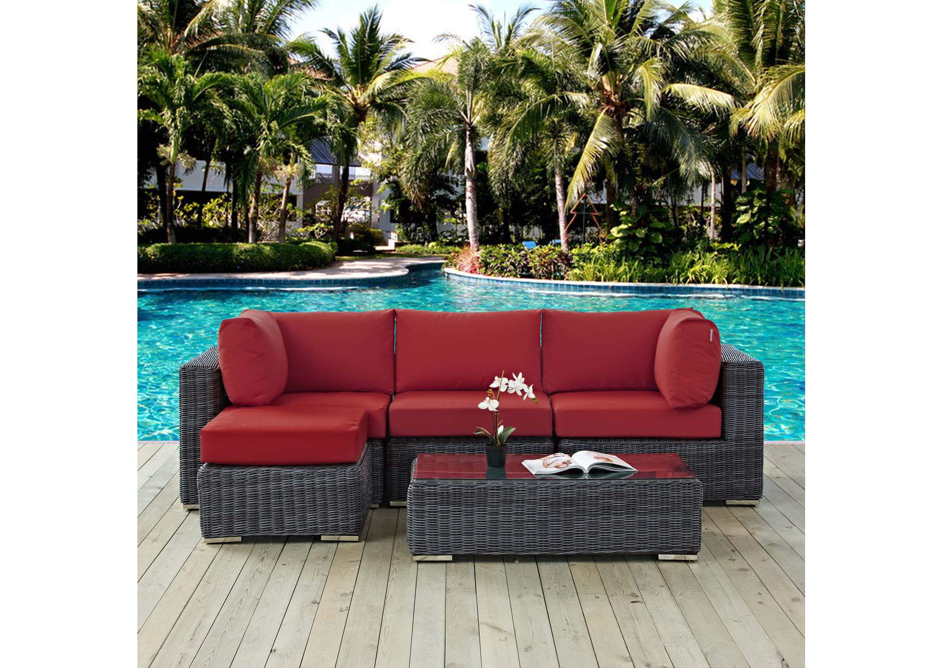 Canvas Red Summon 5 Piece Outdoor Patio Sunbrella,Modway