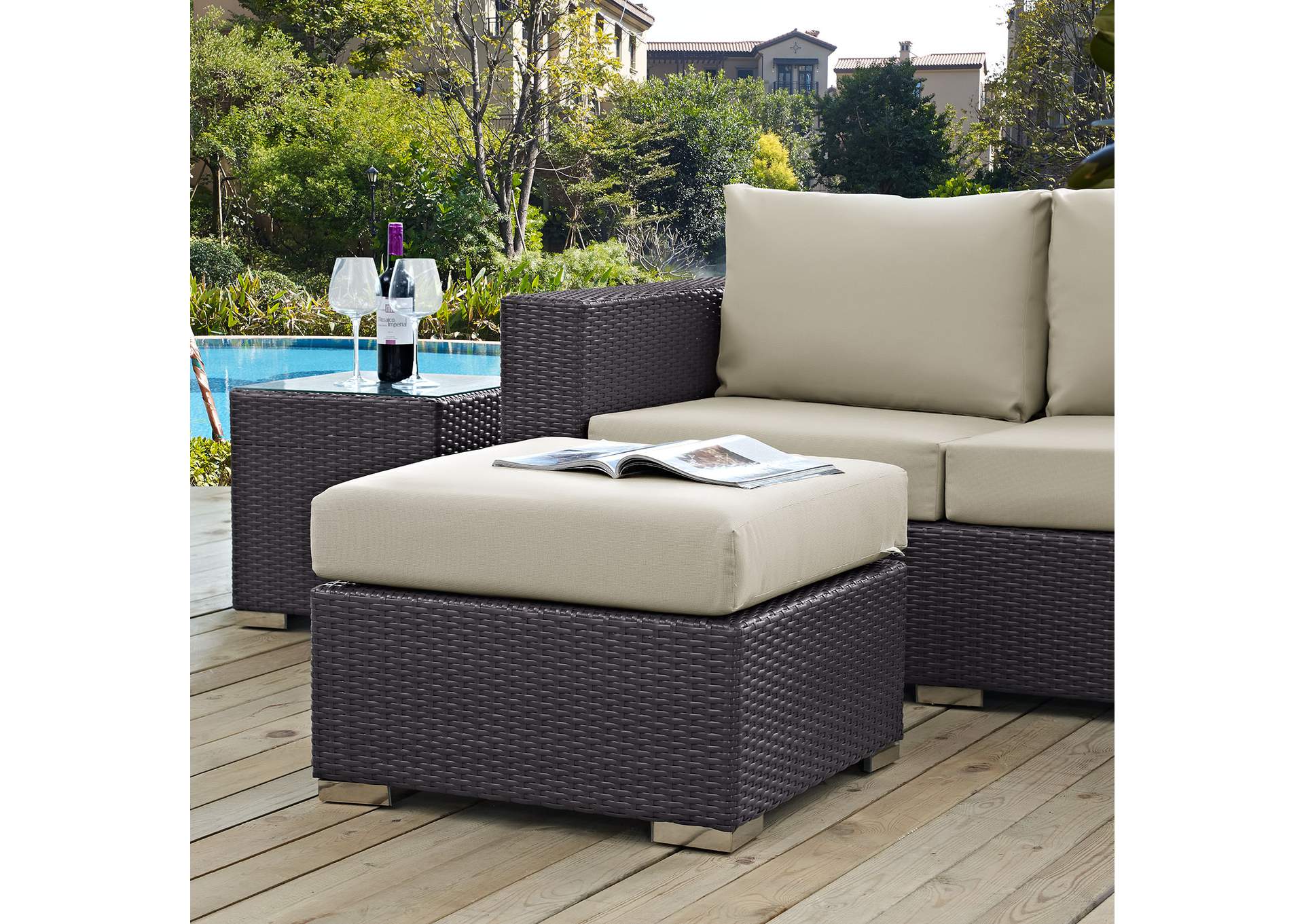 Espresso Beige Convene Outdoor Patio Fabric Square Ottoman,Modway