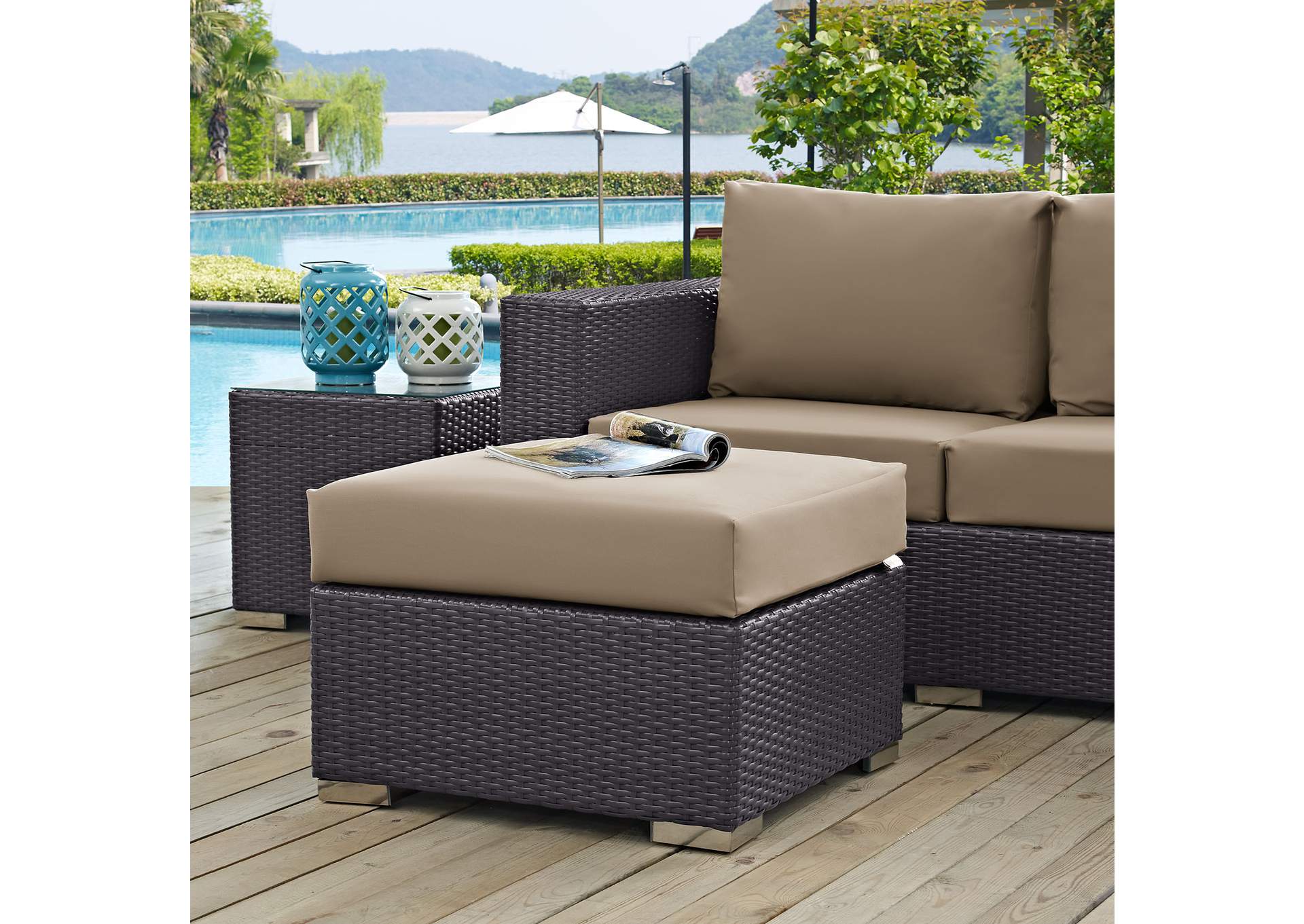 Espresso Mocha Convene Outdoor Patio Fabric Square Ottoman,Modway