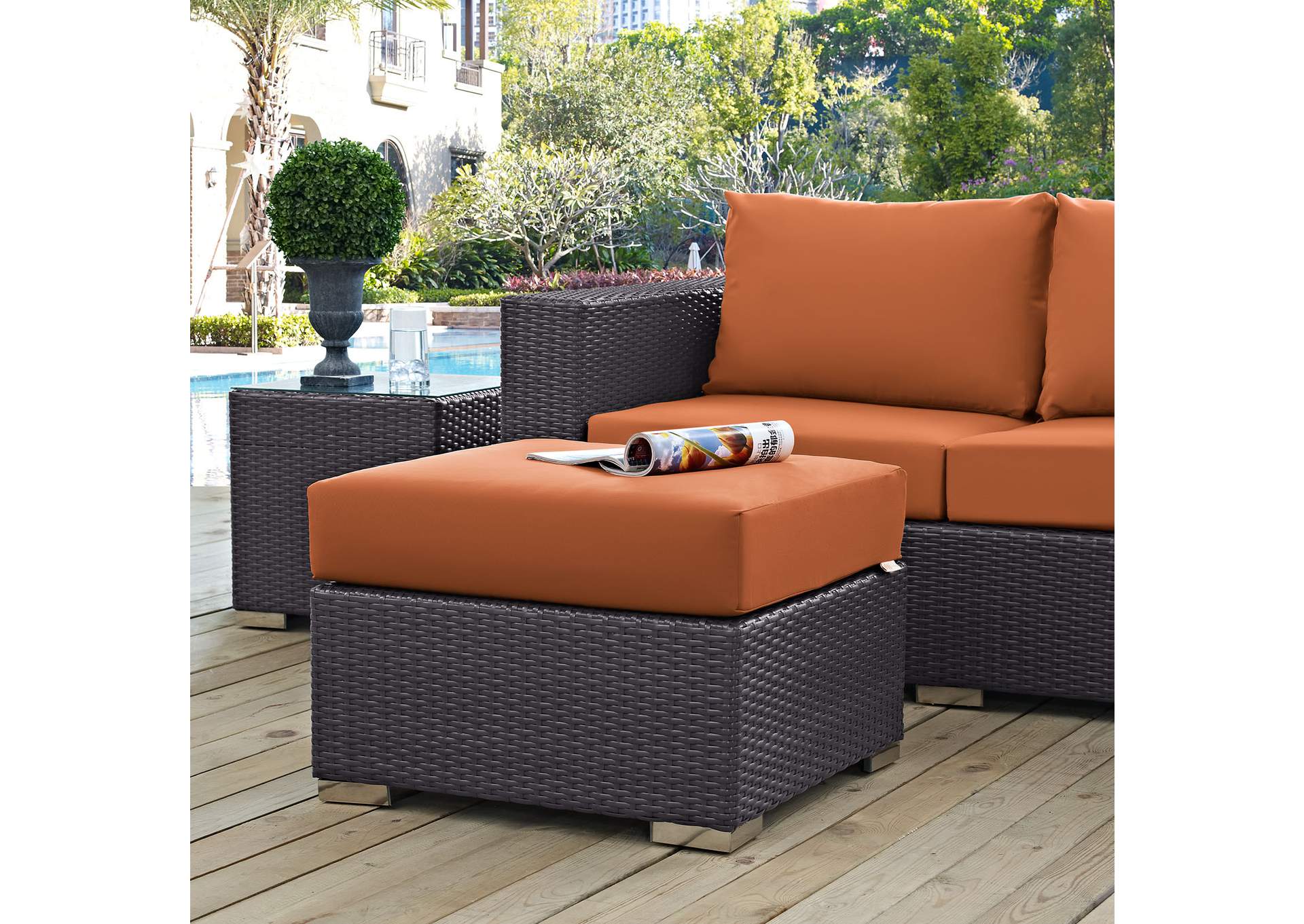 Espresso Orange Convene Outdoor Patio Fabric Square Ottoman,Modway